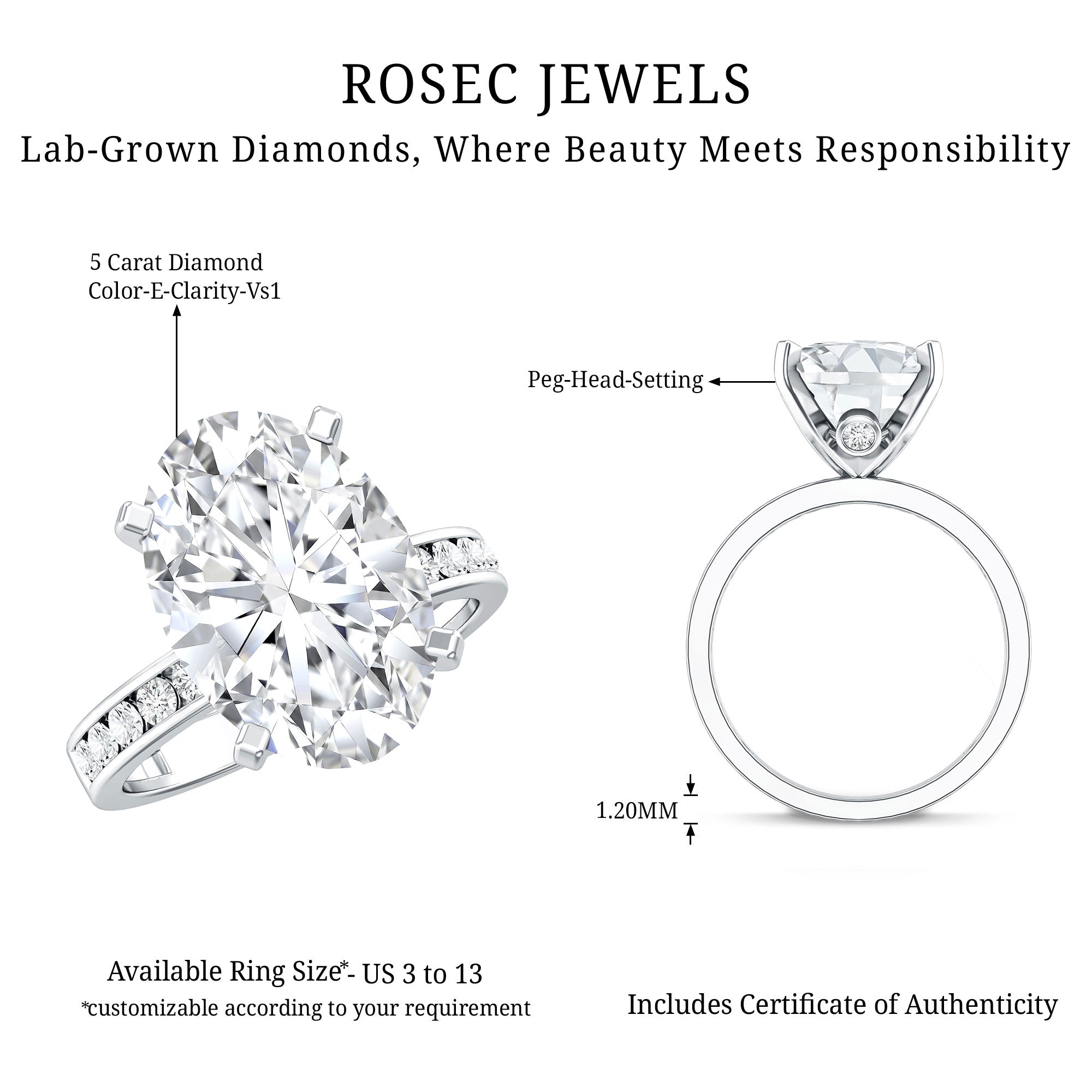Oval Cut 5 Carat Lab Grown Diamond Big Engagement Ring with IGI Certificate Lab - ( E-VS1 ) - Rosec Jewels