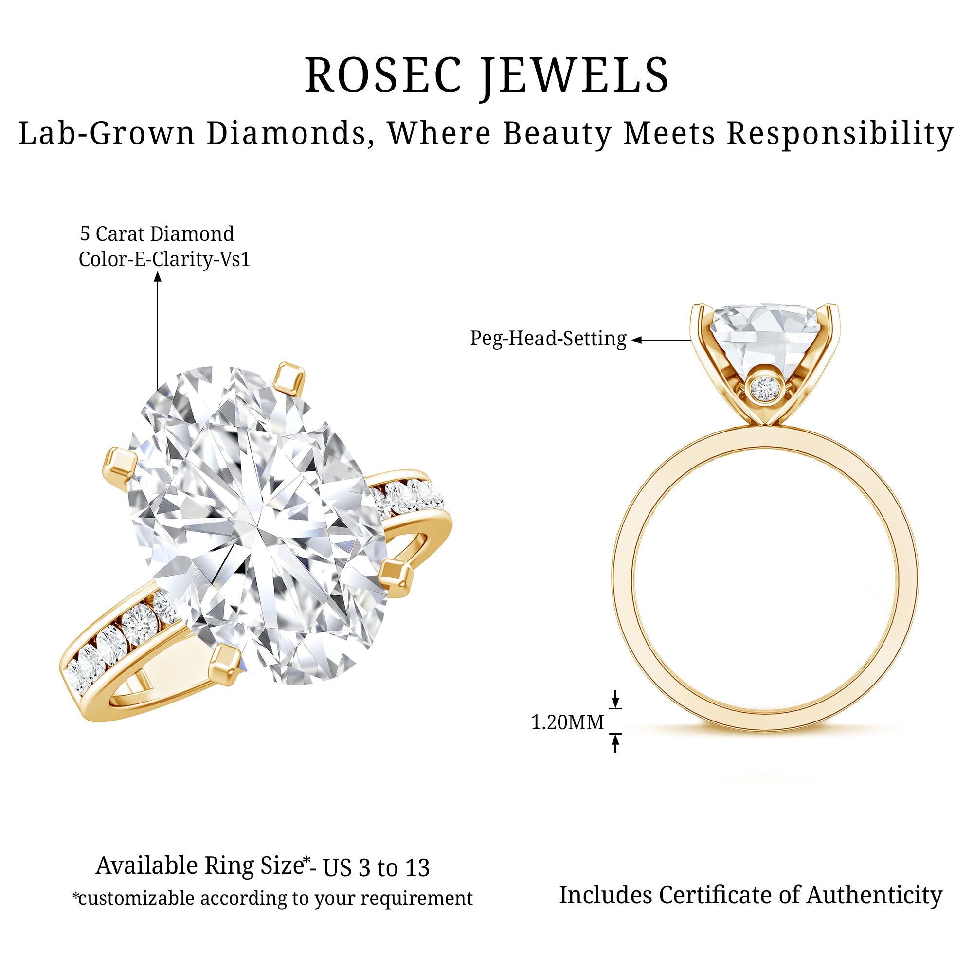 Oval Cut 5 Carat Lab Grown Diamond Big Engagement Ring with IGI Certificate Lab - ( E-VS1 ) - Rosec Jewels