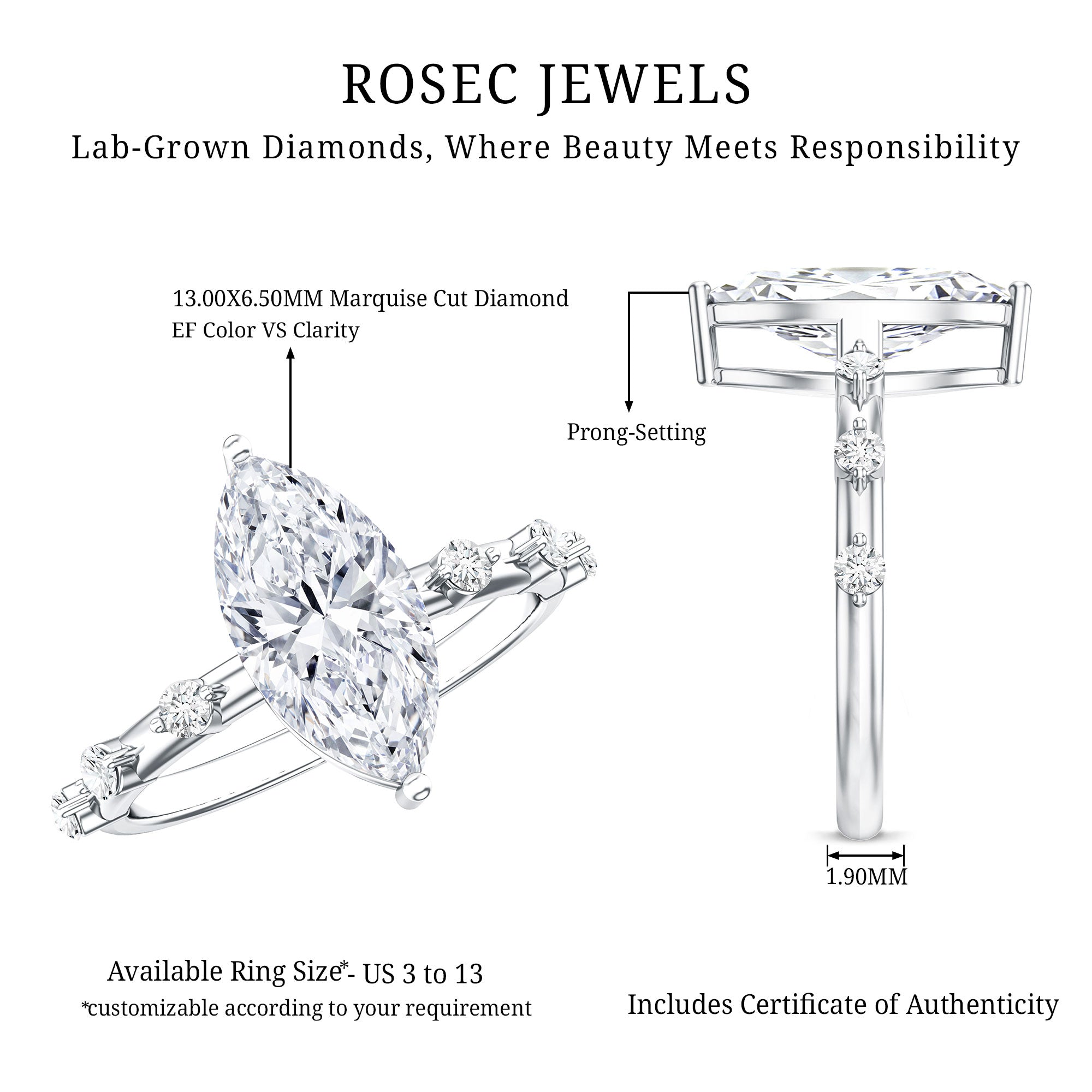 Solitaire 2 Carat Lab Created Diamond Marquise Engagement Ring IGI Certified Lab - ( E-VS1 ) - Rosec Jewels