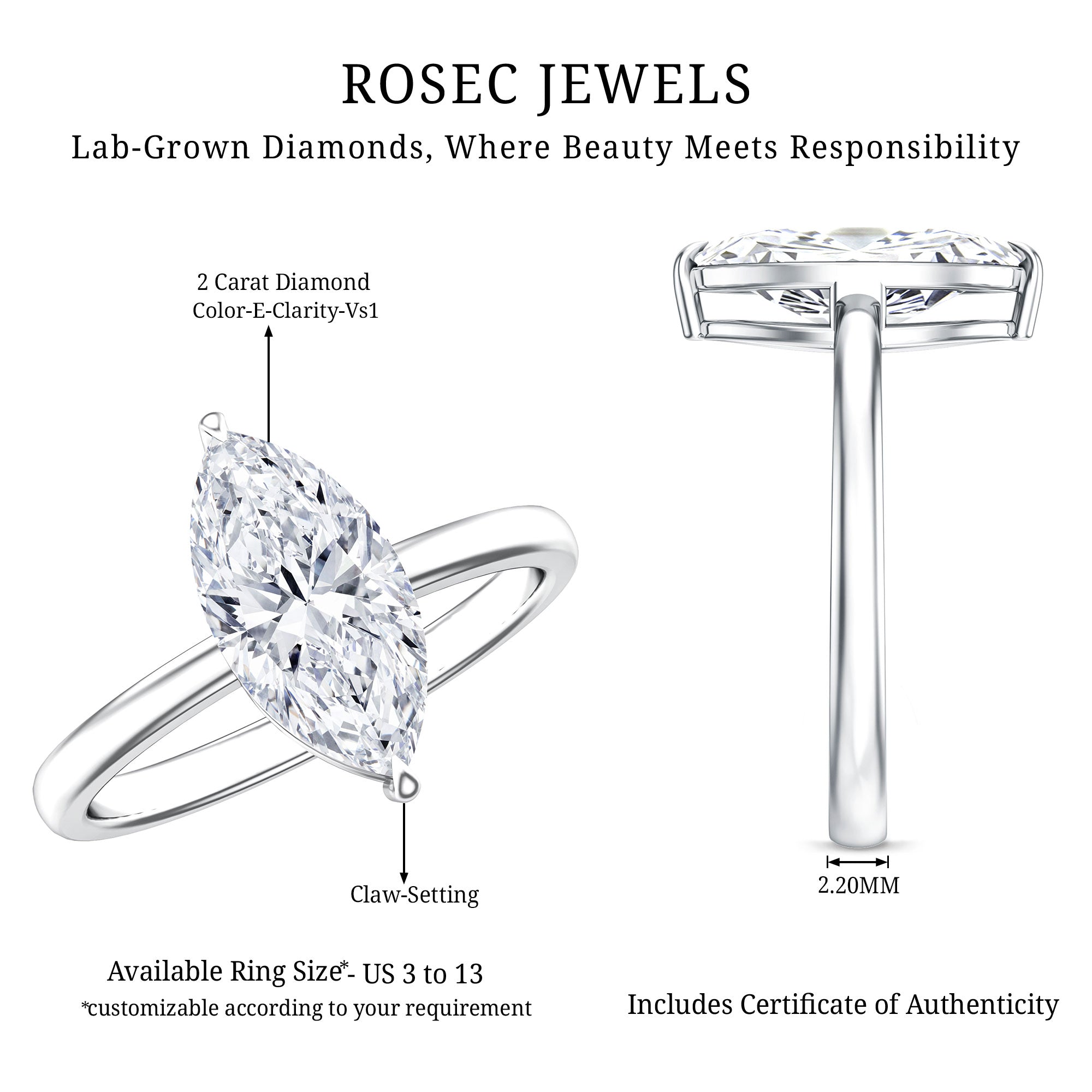 IGI Certified Marquise Cut Lab Created Diamond Solitaire Engagement Ring 2 Carat Lab - ( E-VS1 ) - Rosec Jewels