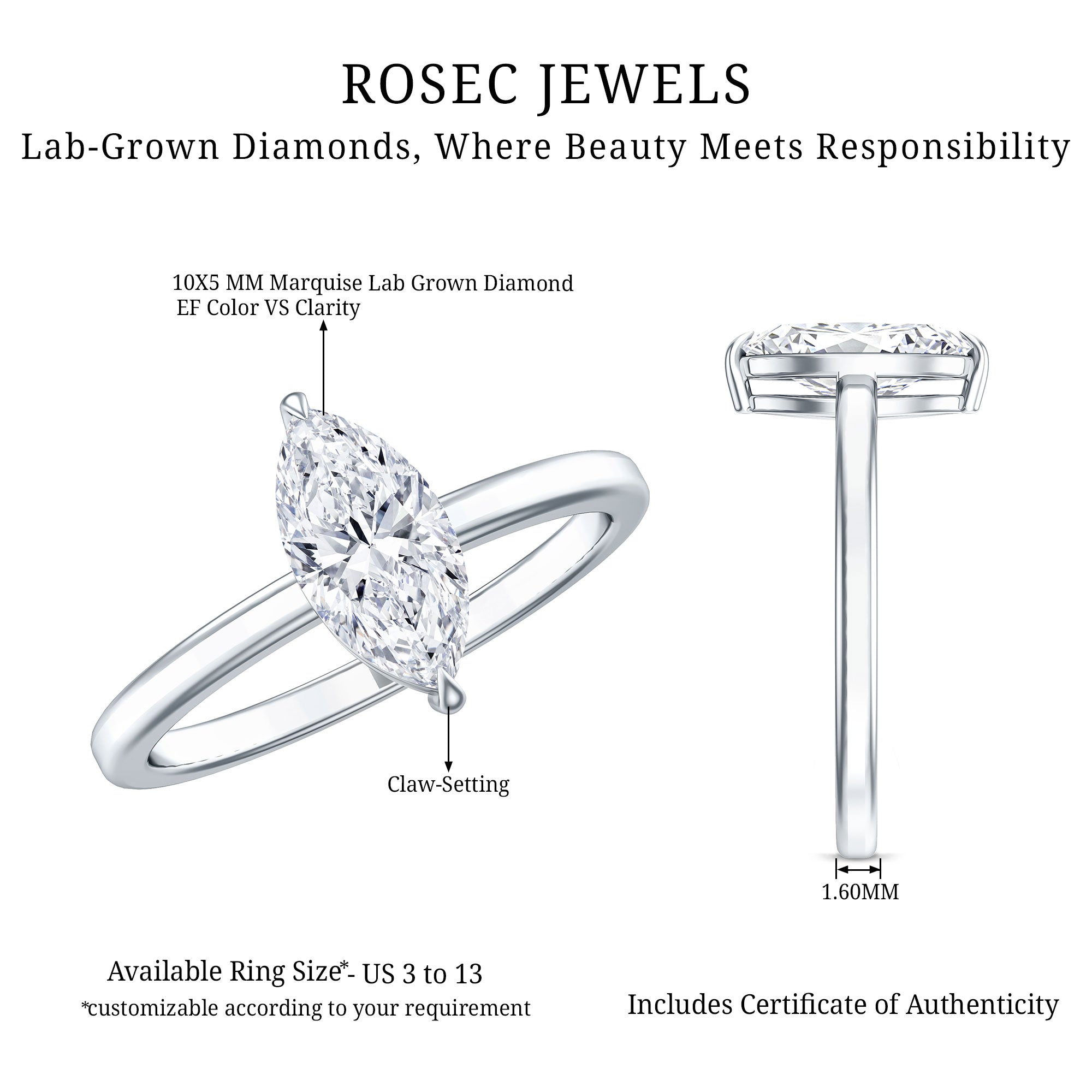 IGI Certified Lab Grown 1 Carat Diamond Marquise Engagement Ring Solitaire Lab - ( EF-VS ) - Rosec Jewels