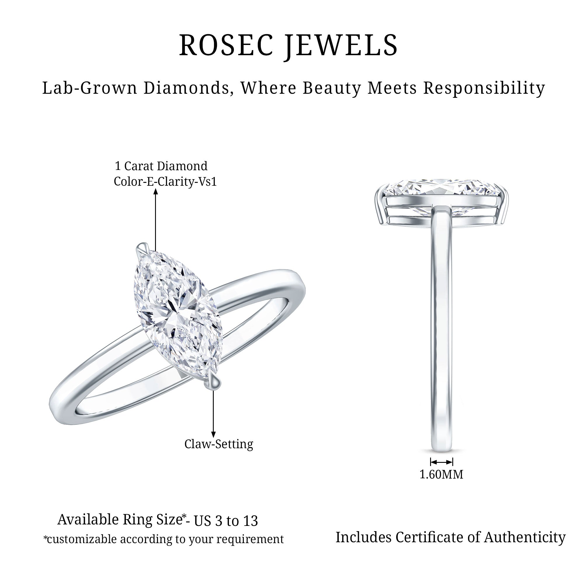 IGI Certified Lab Grown 1 Carat Diamond Marquise Engagement Ring Solitaire Lab - ( E-VS1 ) - Rosec Jewels