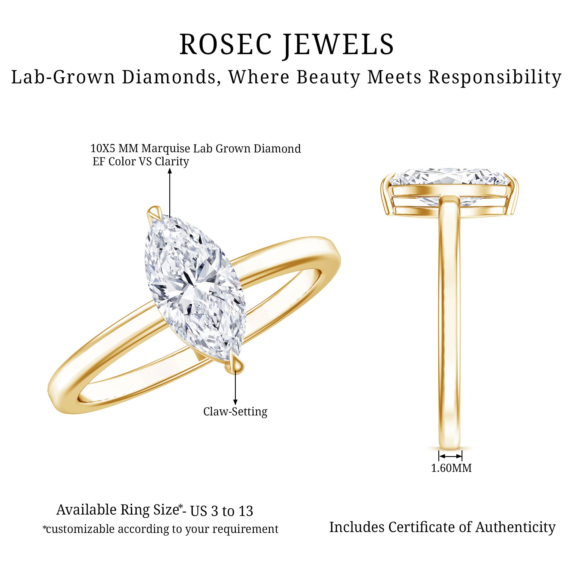 IGI Certified Lab Grown 1 Carat Diamond Marquise Engagement Ring Solitaire Lab - ( EF-VS ) - Rosec Jewels