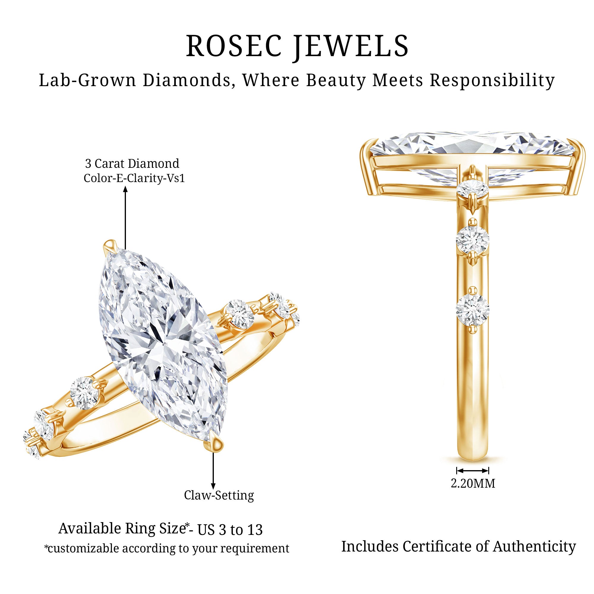 IGI Certified Lab Grown Diamond 3 Carat Marquise Engagement Ring with Spaced Accent Lab - ( E-VS1 ) - Rosec Jewels