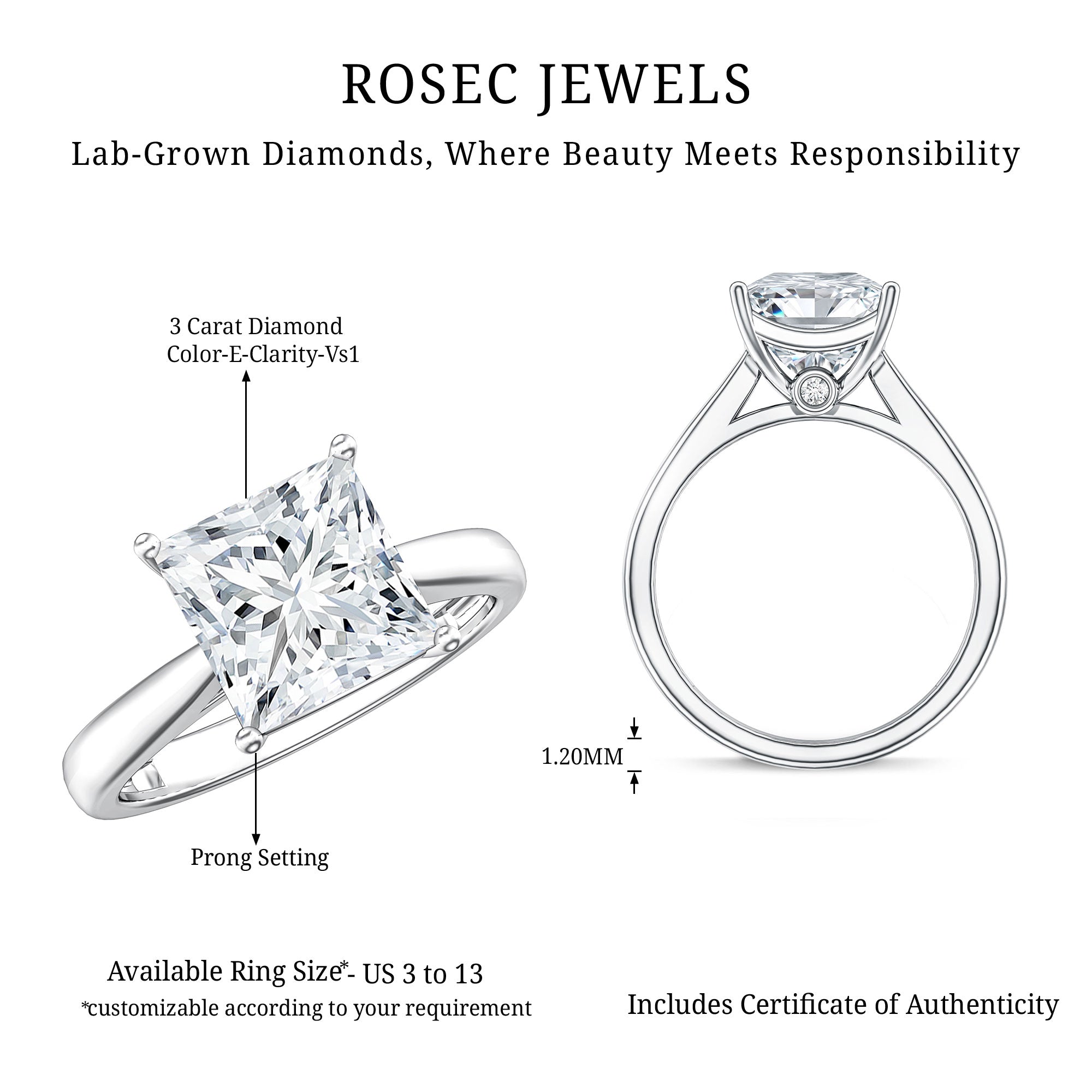 IGI Certified Lab Grown 3 Carat Diamond Princess Cut Engagement Ring Solitaire Lab - ( E-VS1 ) - Rosec Jewels