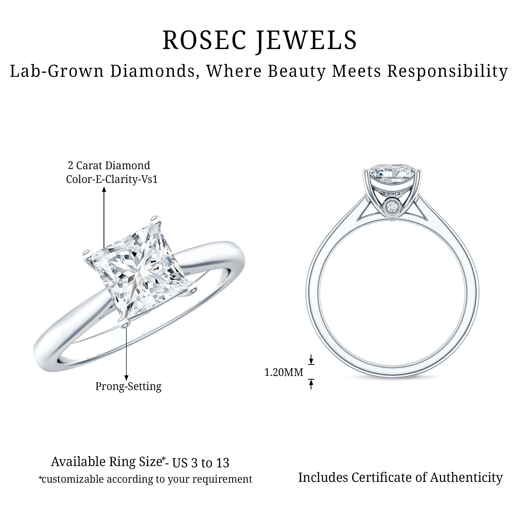 Solitaire 1 Carat Princess Cut Lab Grown Diamond Engagement Ring with IGI Certificate Lab - ( E-VS1 ) - Rosec Jewels