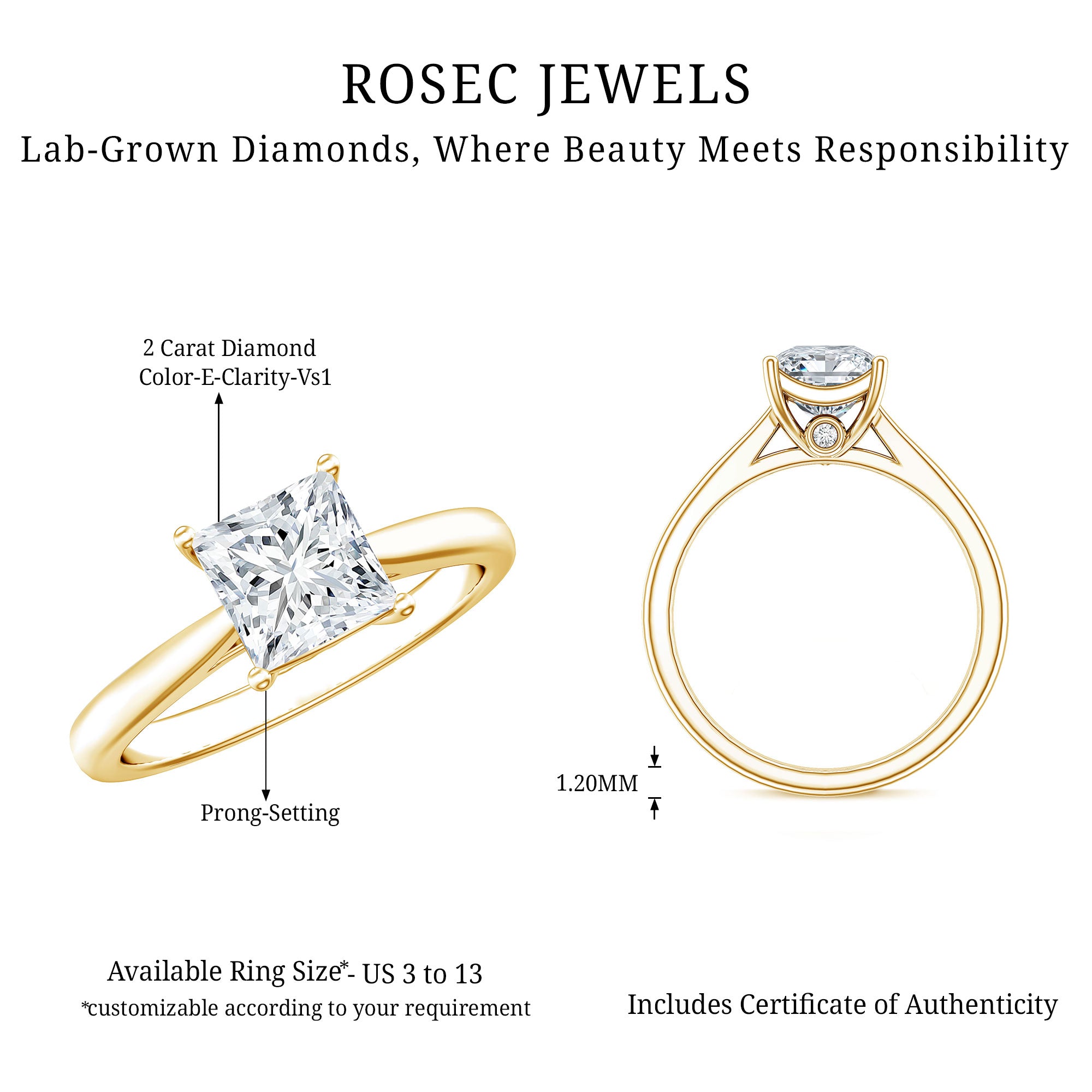Solitaire 1 Carat Princess Cut Lab Grown Diamond Engagement Ring with IGI Certificate Lab - ( E-VS1 ) - Rosec Jewels