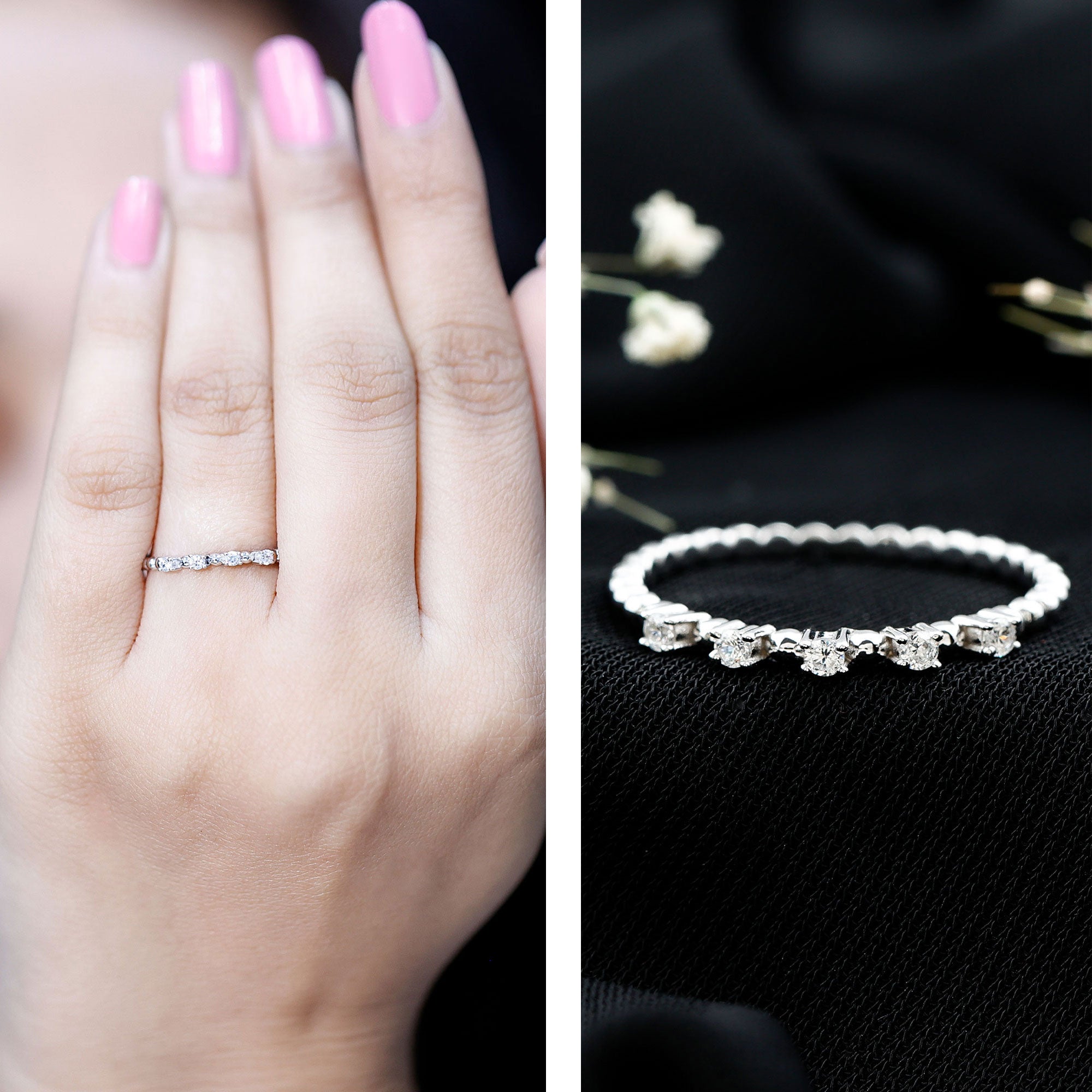 Minimalist Lab Grown Diamond Stacking Ring with Beaded Detail Lab - ( EF-VS ) - Rosec Jewels