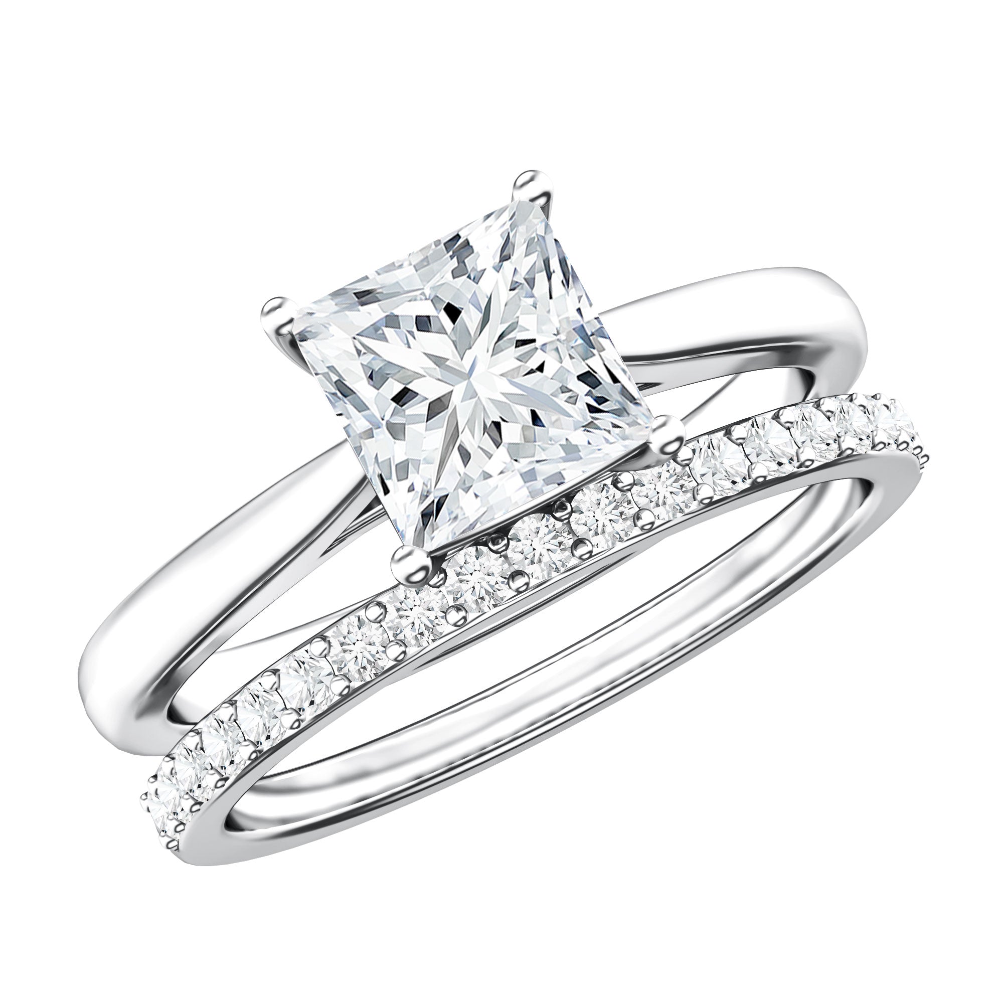 IGI Certified 1 Carat Princess Cut Lab Grown Diamond Solitaire Bridal Ring Set Lab - ( EF-VS ) - Rosec Jewels