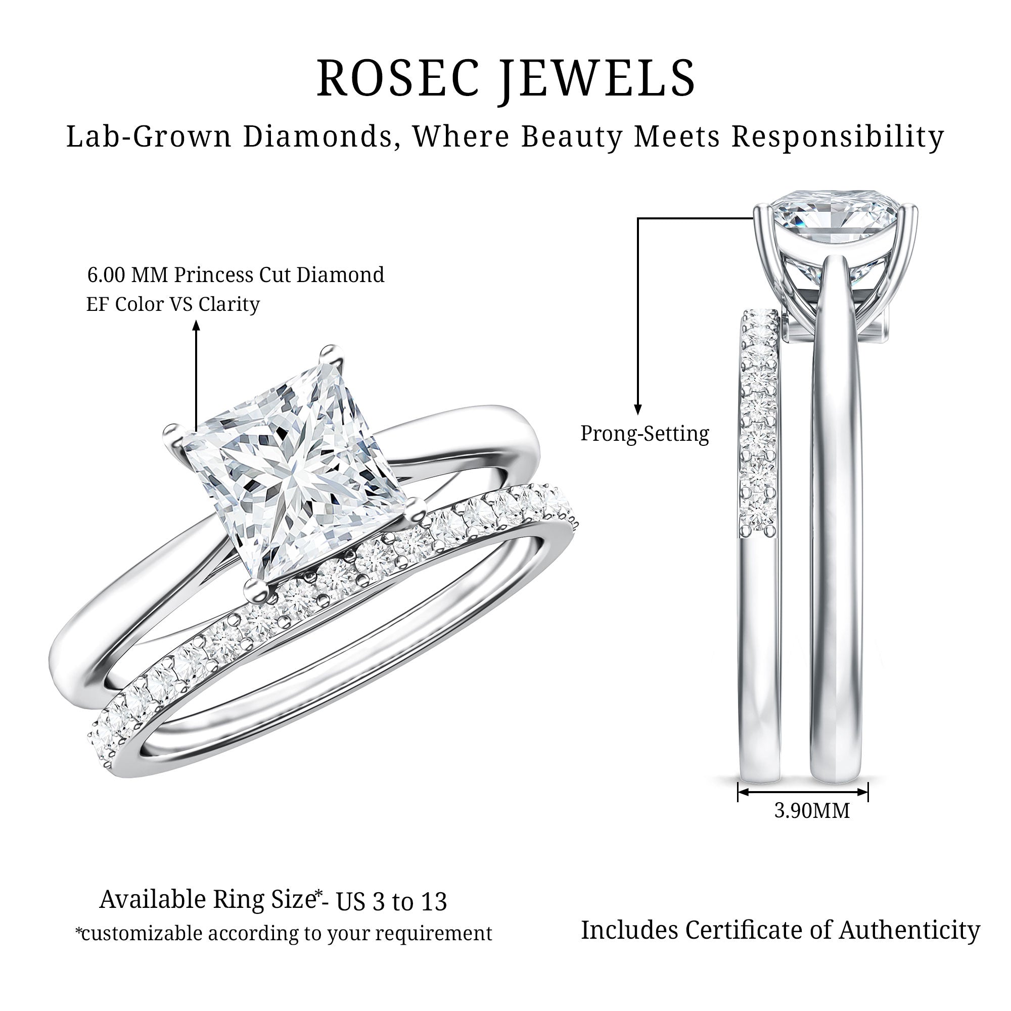 IGI Certified 1 Carat Princess Cut Lab Grown Diamond Solitaire Bridal Ring Set Lab - ( EF-VS ) - Rosec Jewels