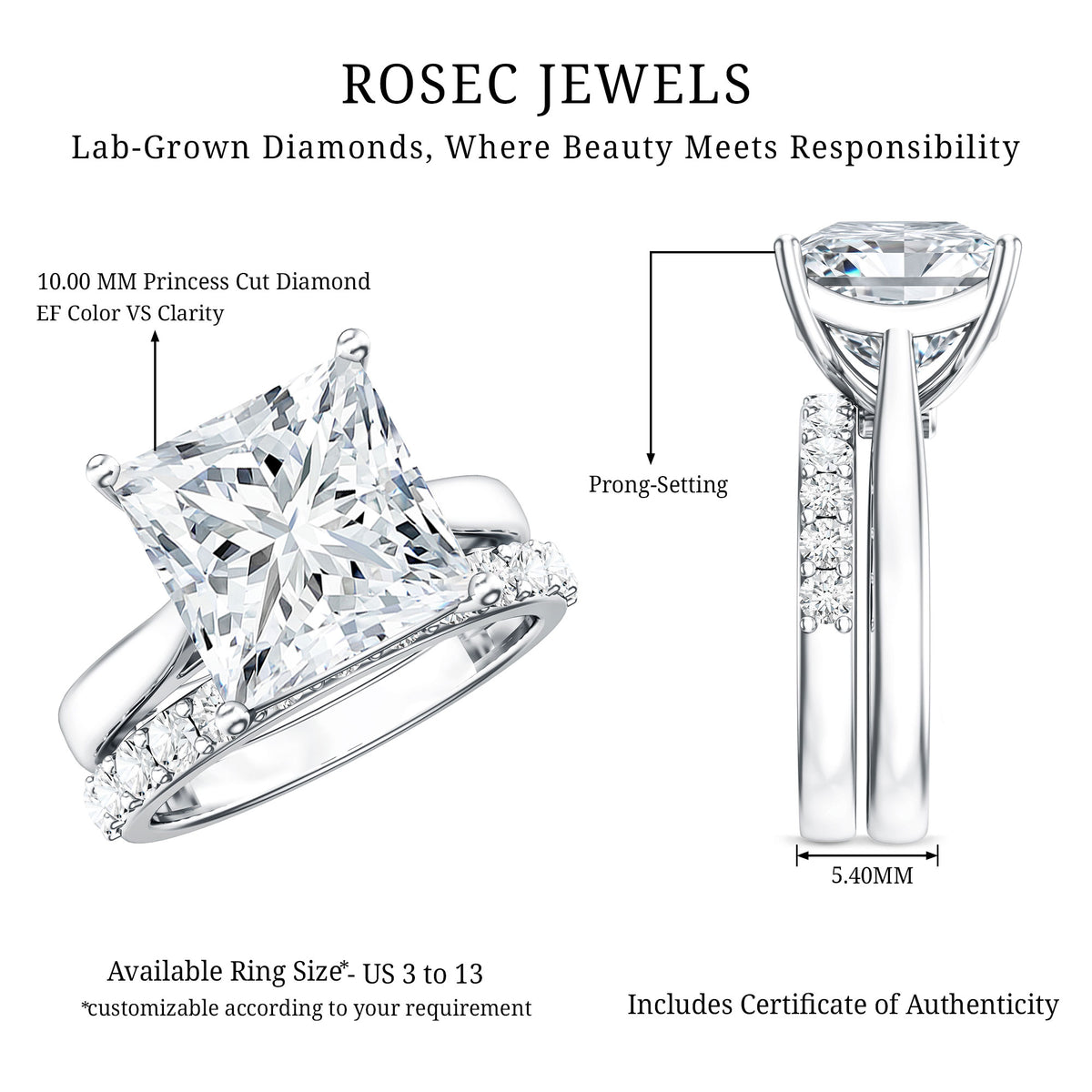 5 Carat Huge Lab Grown Diamond Princess Cut Engagement Ring Set with IGI Certificate Lab - ( E-VS1 ) - Rosec Jewels