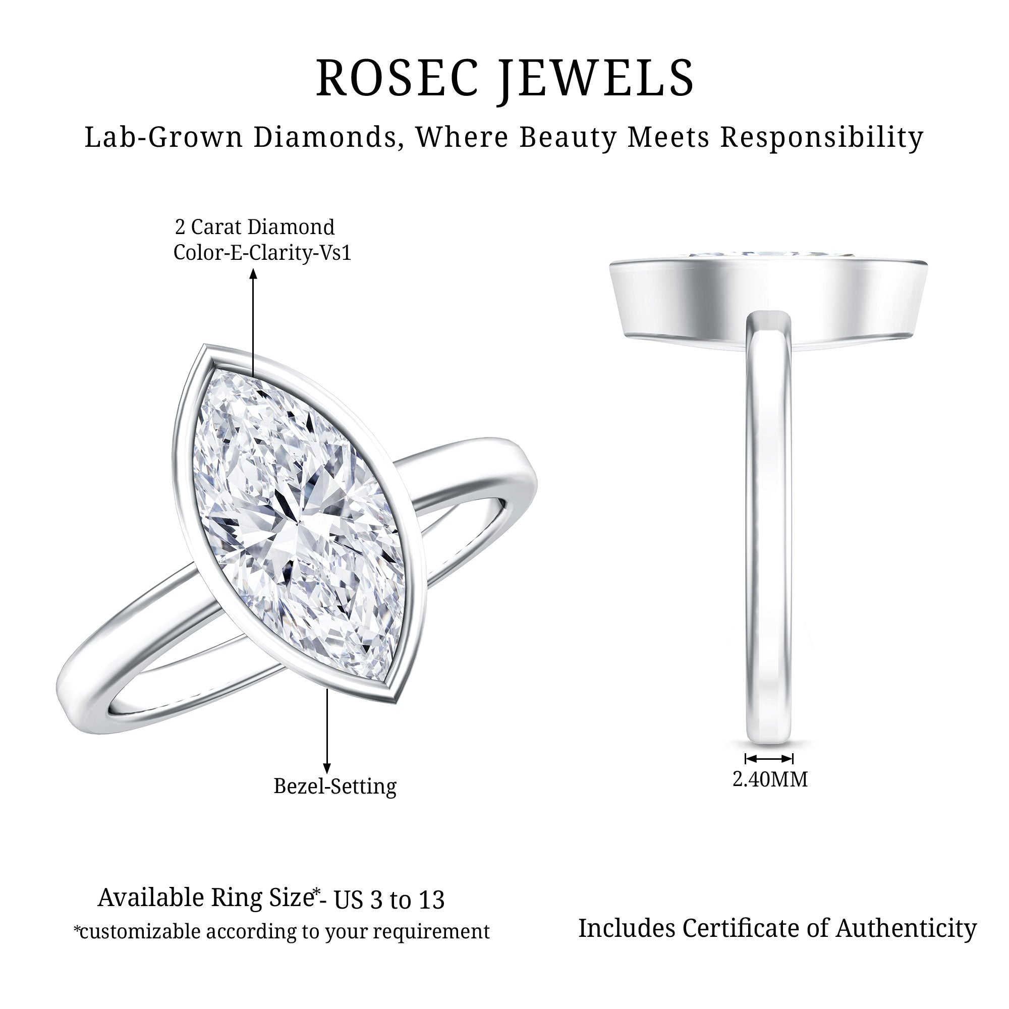 IGI Certified 2 Carat Lab Grown Diamond Marquise Ring For Engagement Lab - ( E-VS1 ) - Rosec Jewels