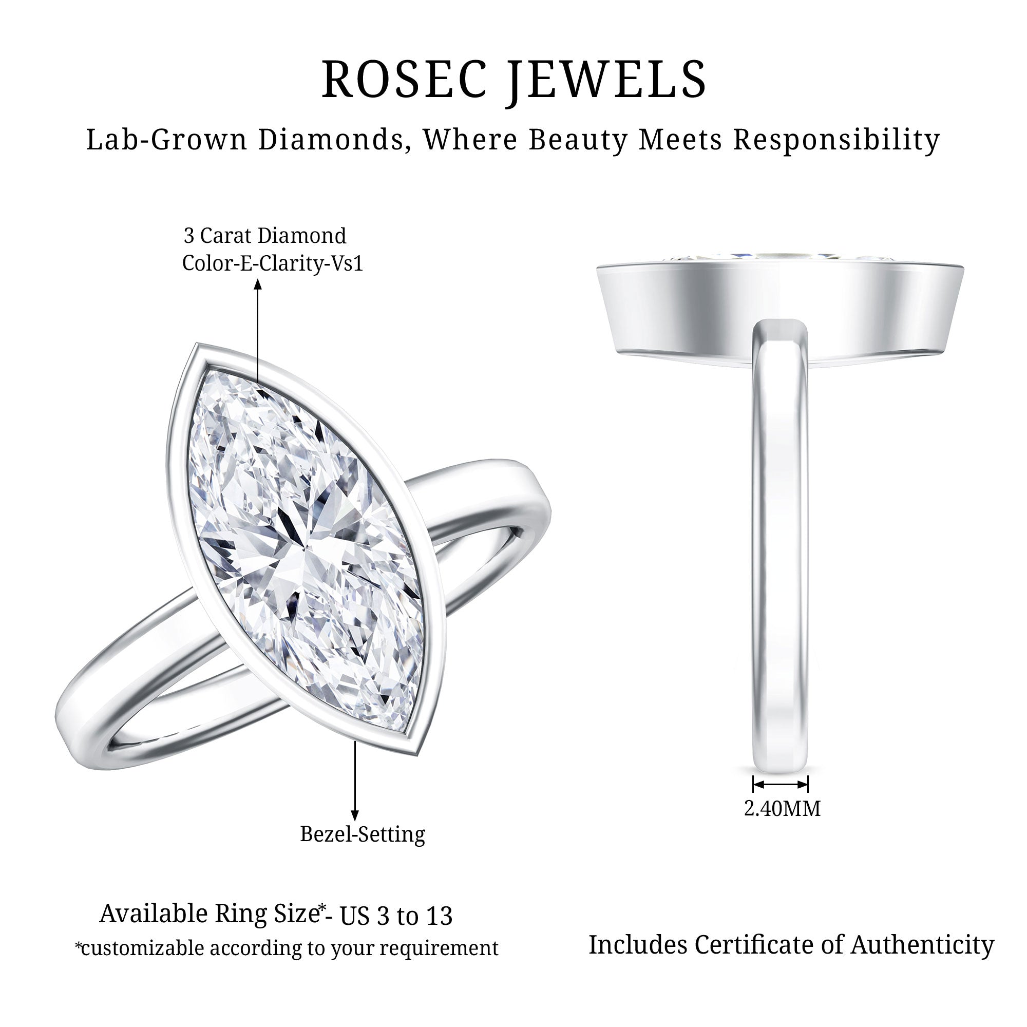 IGI Certified 3 Carat Solitaire Lab Grown Diamond Marquise Cut Engagement Ring Lab - ( E-VS1 ) - Rosec Jewels