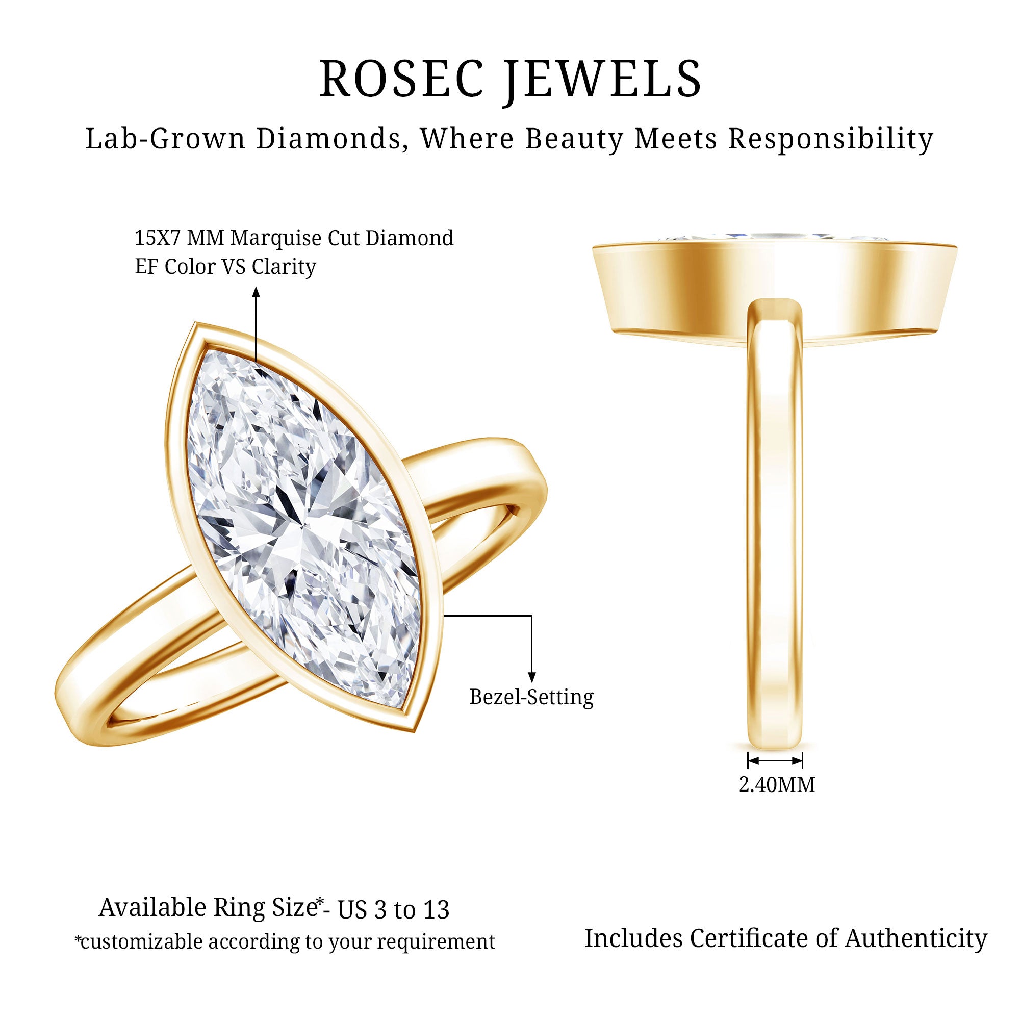 IGI Certified 3 Carat Solitaire Lab Grown Diamond Marquise Cut Engagement Ring Lab - ( E-VS1 ) - Rosec Jewels