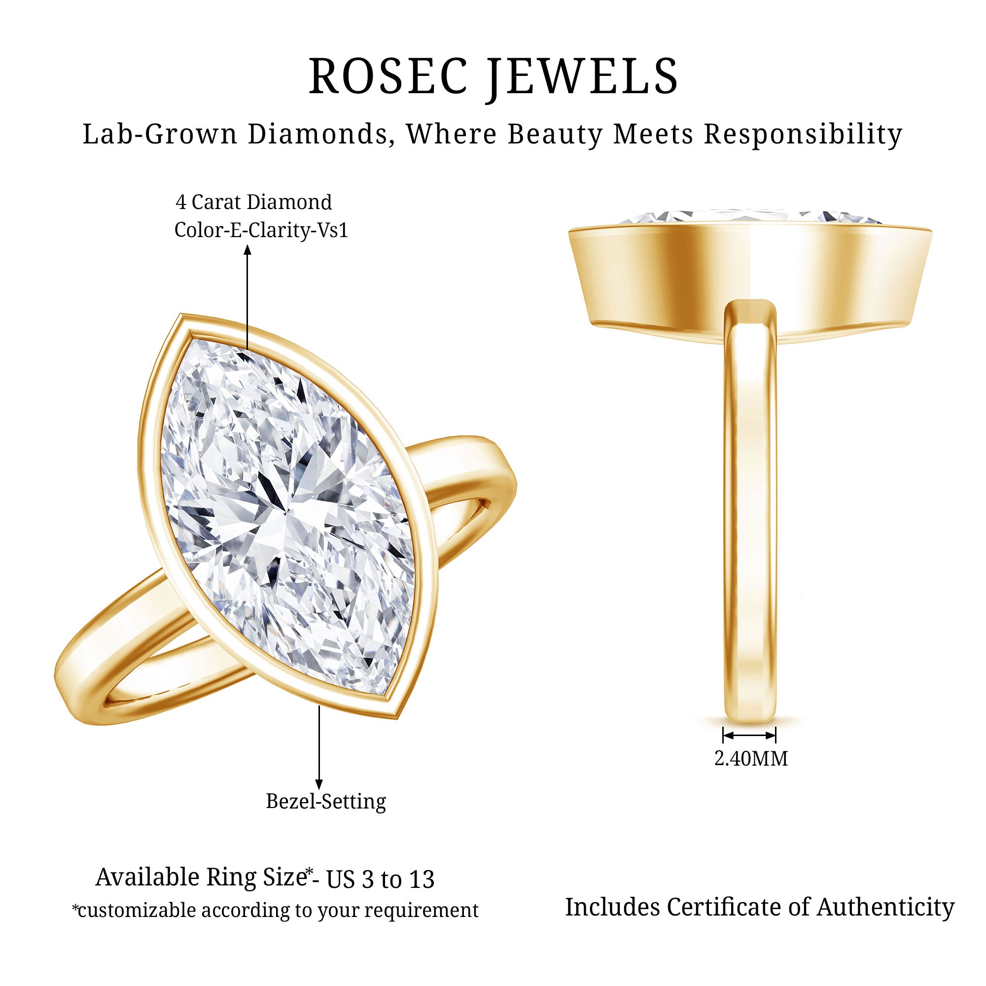 4 Carat Marquise Cut Lab Grown Diamond Bezel Engagement Ring with IGI Certificate Lab - ( E-VS1 ) - Rosec Jewels