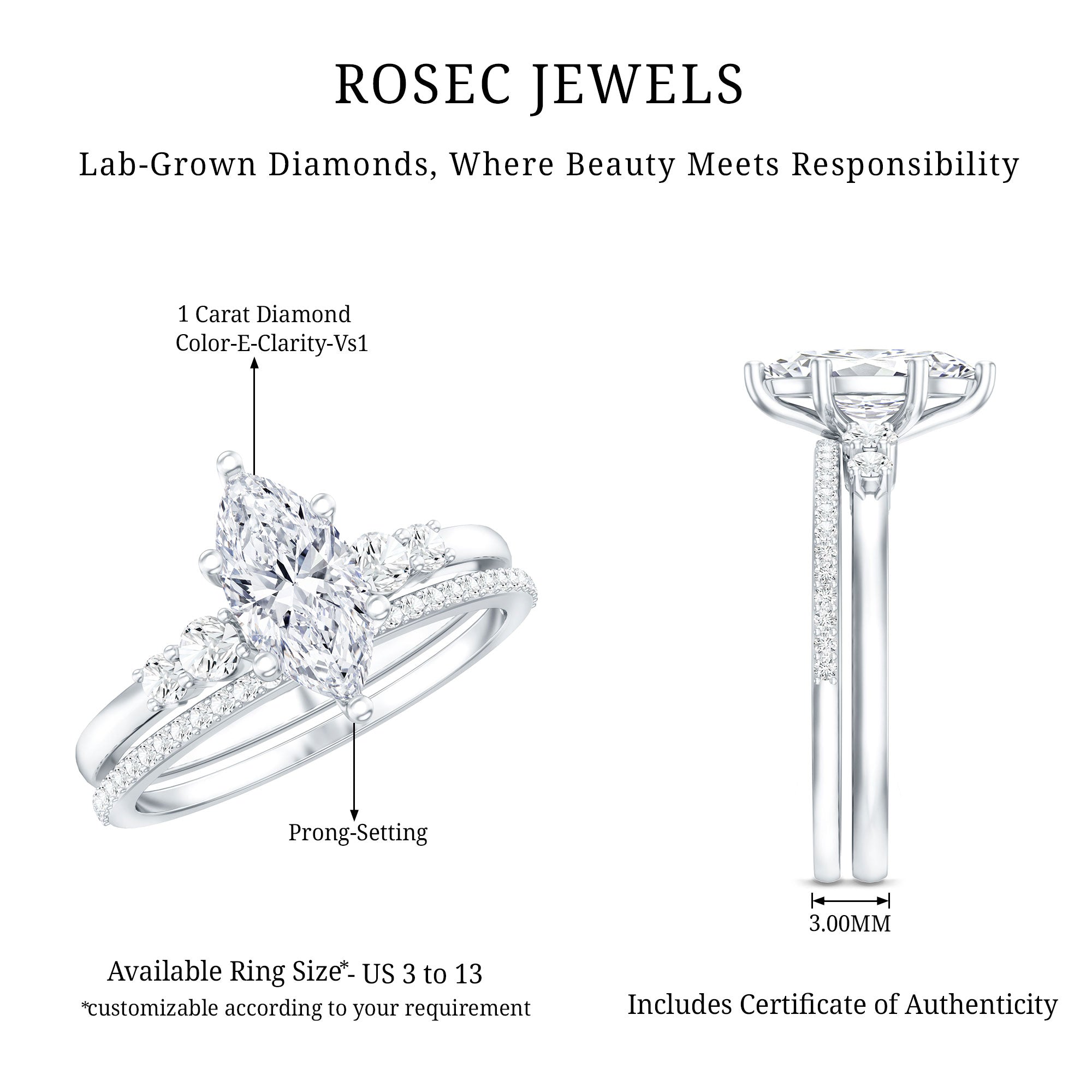 IGI Certified 1 Carat Marquise Lab Grown Diamond Wedding Ring Set for Women Lab - ( E-VS1 ) - Rosec Jewels