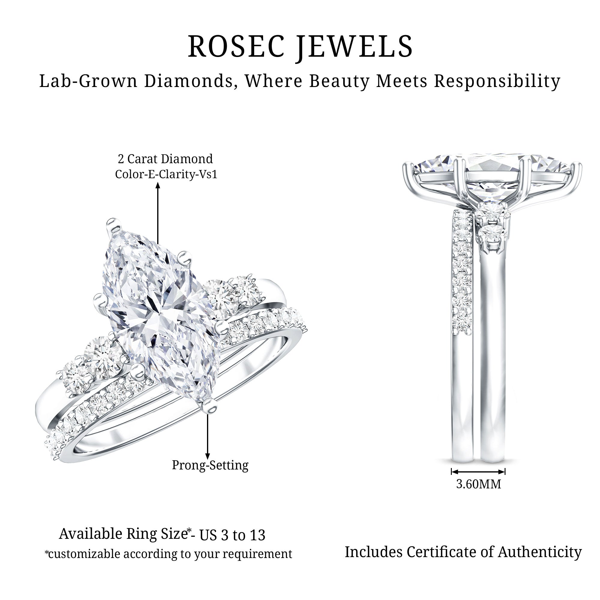 2 Carat Marquise Cut Bridal Ring Set with IGI Certified Lab Grown Diamond Lab - ( E-VS1 ) - Rosec Jewels
