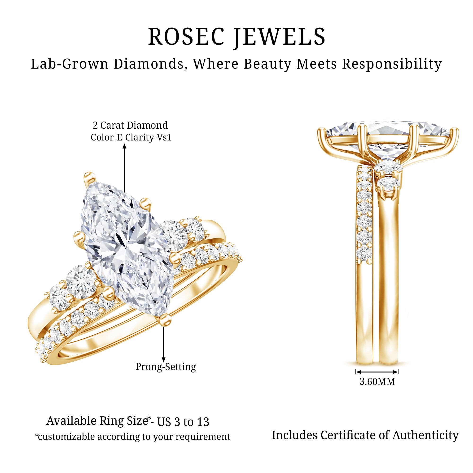 2 Carat Marquise Cut Bridal Ring Set with IGI Certified Lab Grown Diamond Lab - ( E-VS1 ) - Rosec Jewels