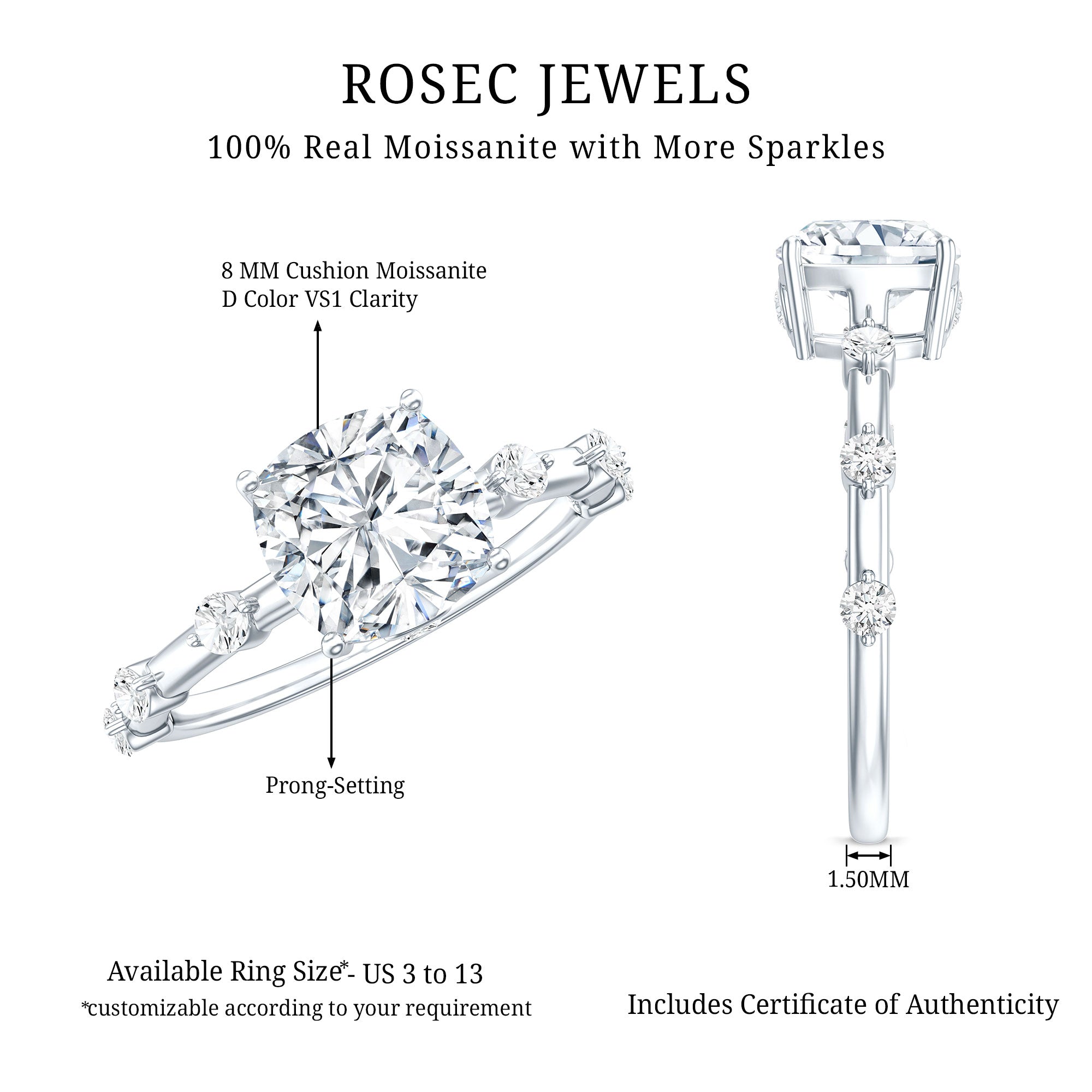 Rosec Jewels-3 Carat IGI Certified Lab Grown Diamond Cushion Cut Engagement Ring for Women