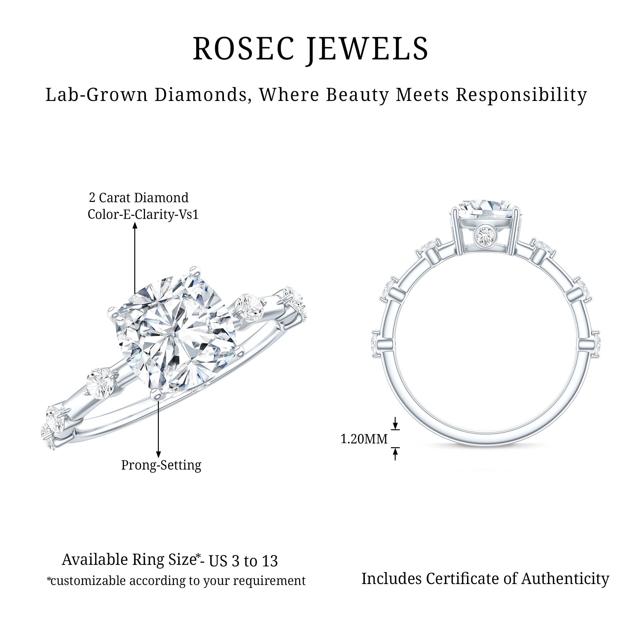 Cushion Cut 2 Carat Lab Grown Diamond Solitaire Engagement Ring with IGI Certificate Lab - ( E-VS1 ) - Rosec Jewels