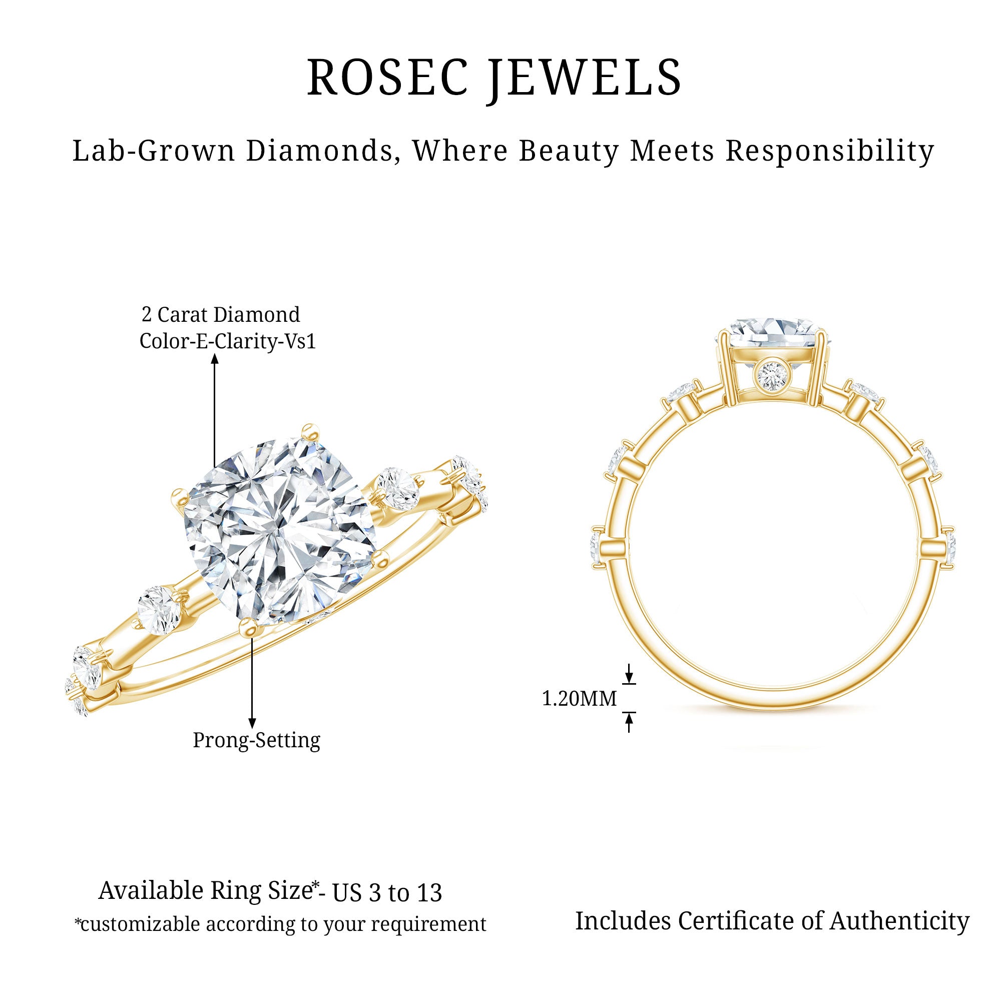 Cushion Cut 2 Carat Lab Grown Diamond Solitaire Engagement Ring with IGI Certificate Lab - ( E-VS1 ) - Rosec Jewels