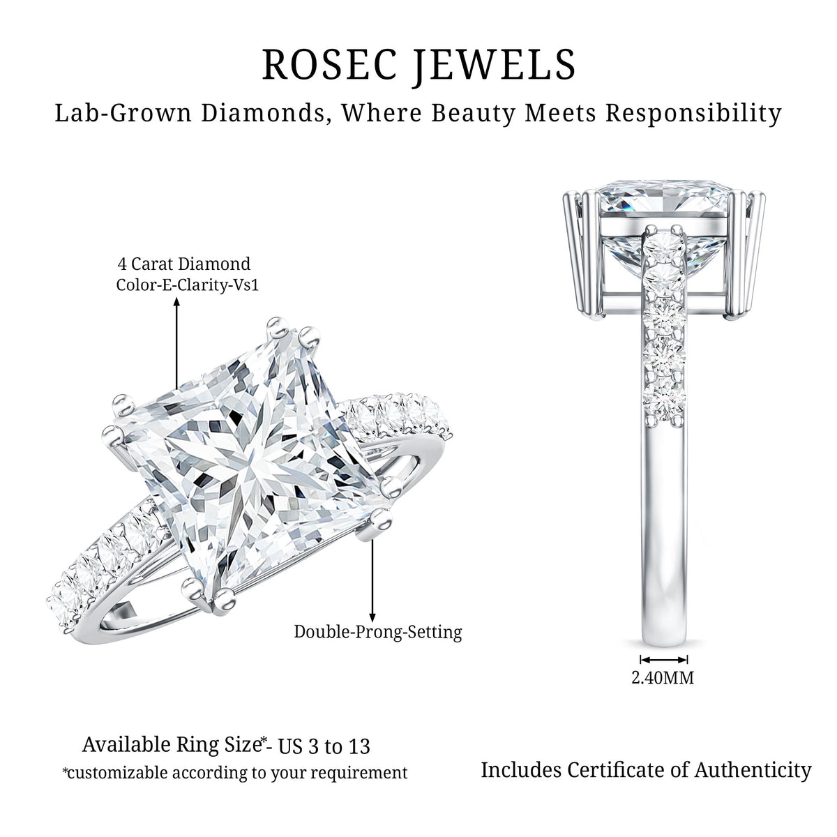 IGI Certified 4 Carat Princess Cut Lab Grown Diamond Solitaire Engagement Ring Lab - ( E-VS1 ) - Rosec Jewels