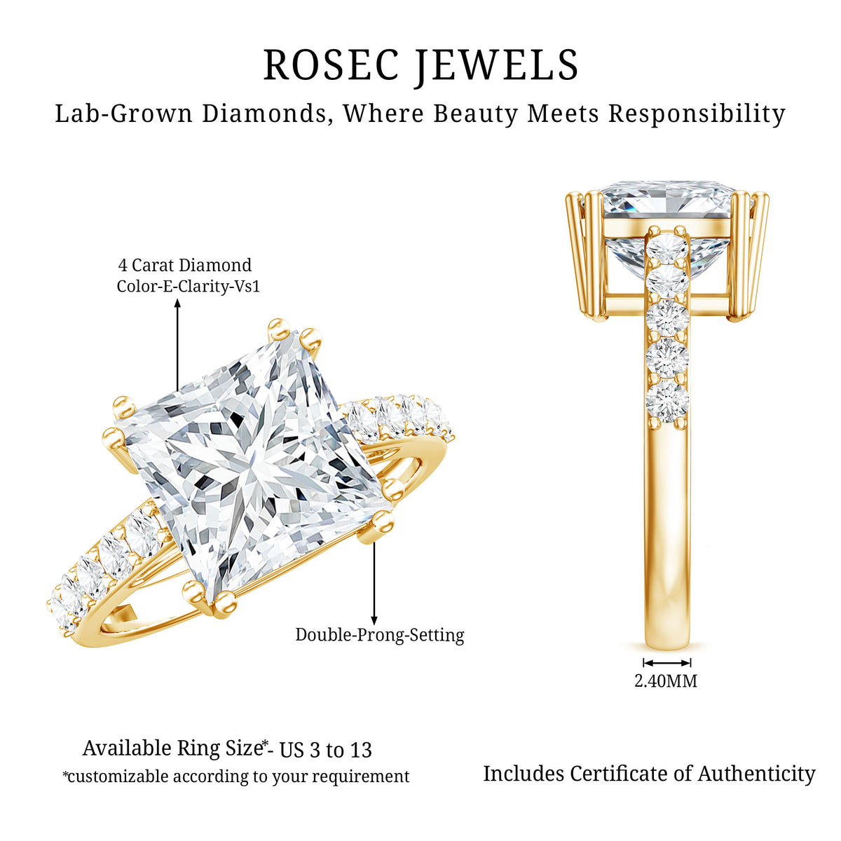 IGI Certified 4 Carat Princess Cut Lab Grown Diamond Solitaire Engagement Ring Lab - ( E-VS1 ) - Rosec Jewels