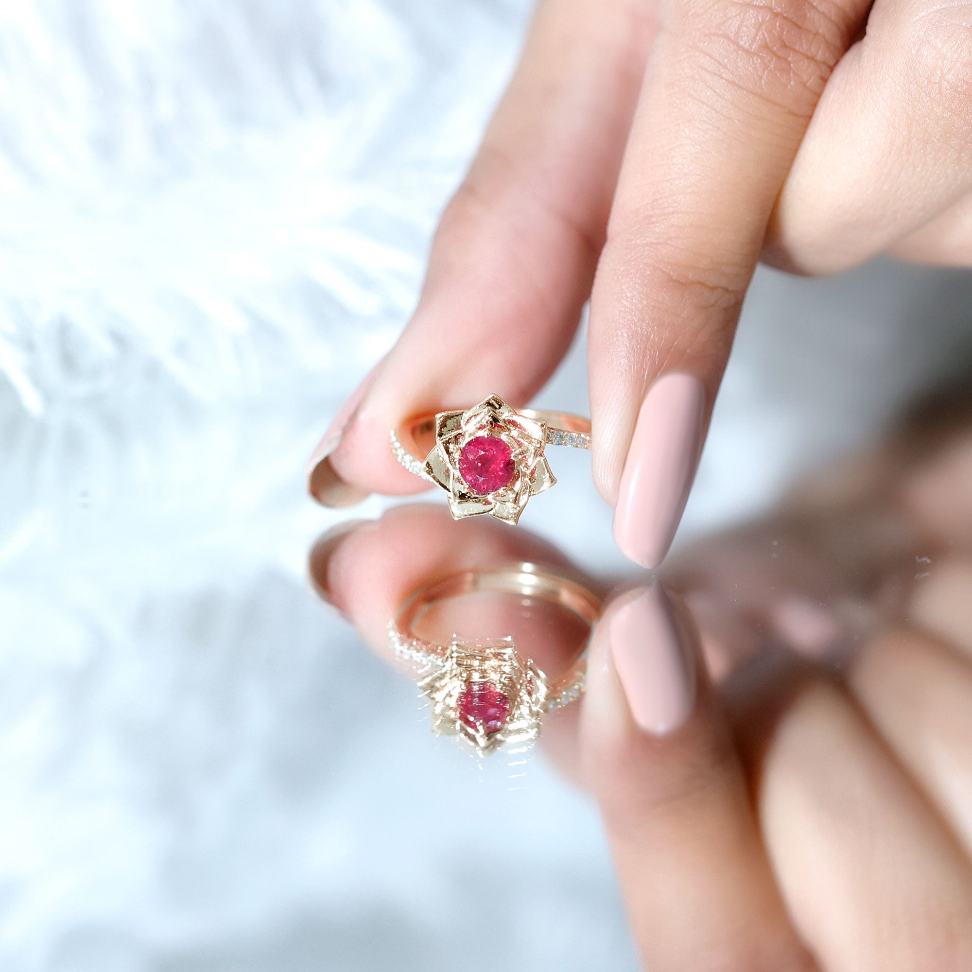 Natural 0.6 Carat Ruby Flower Engagement Ring with Diamond Bypass Shank AAA - Rosec Jewels
