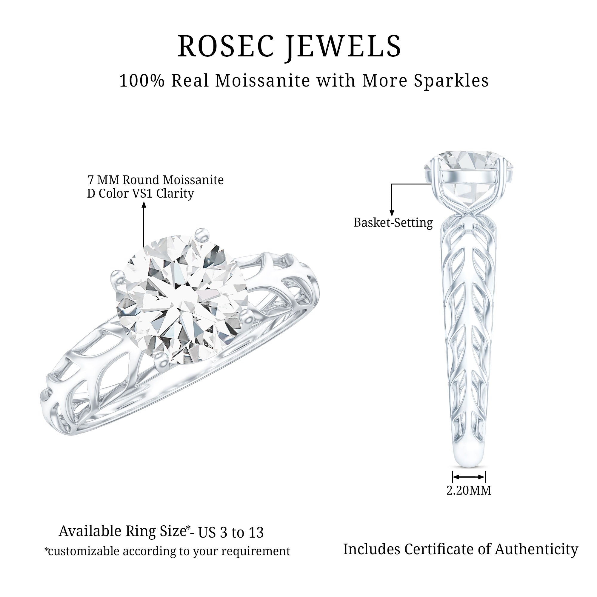 7 MM Solitaire Moissanite Engagement Ring with Filigree Band D-VS1 - Rosec Jewels