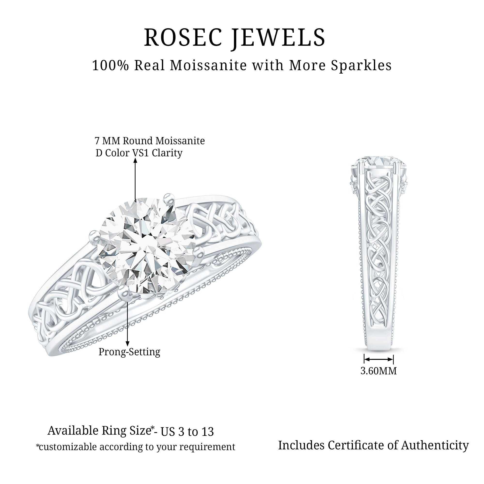 Moissanite Vintage Style Engagement Ring with Celtic Details D-VS1 - Rosec Jewels