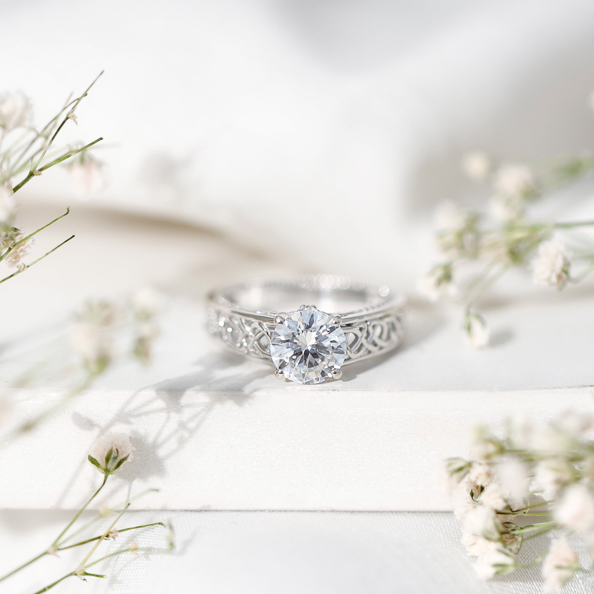 Moissanite Vintage Style Engagement Ring with Celtic Details D-VS1 - Rosec Jewels