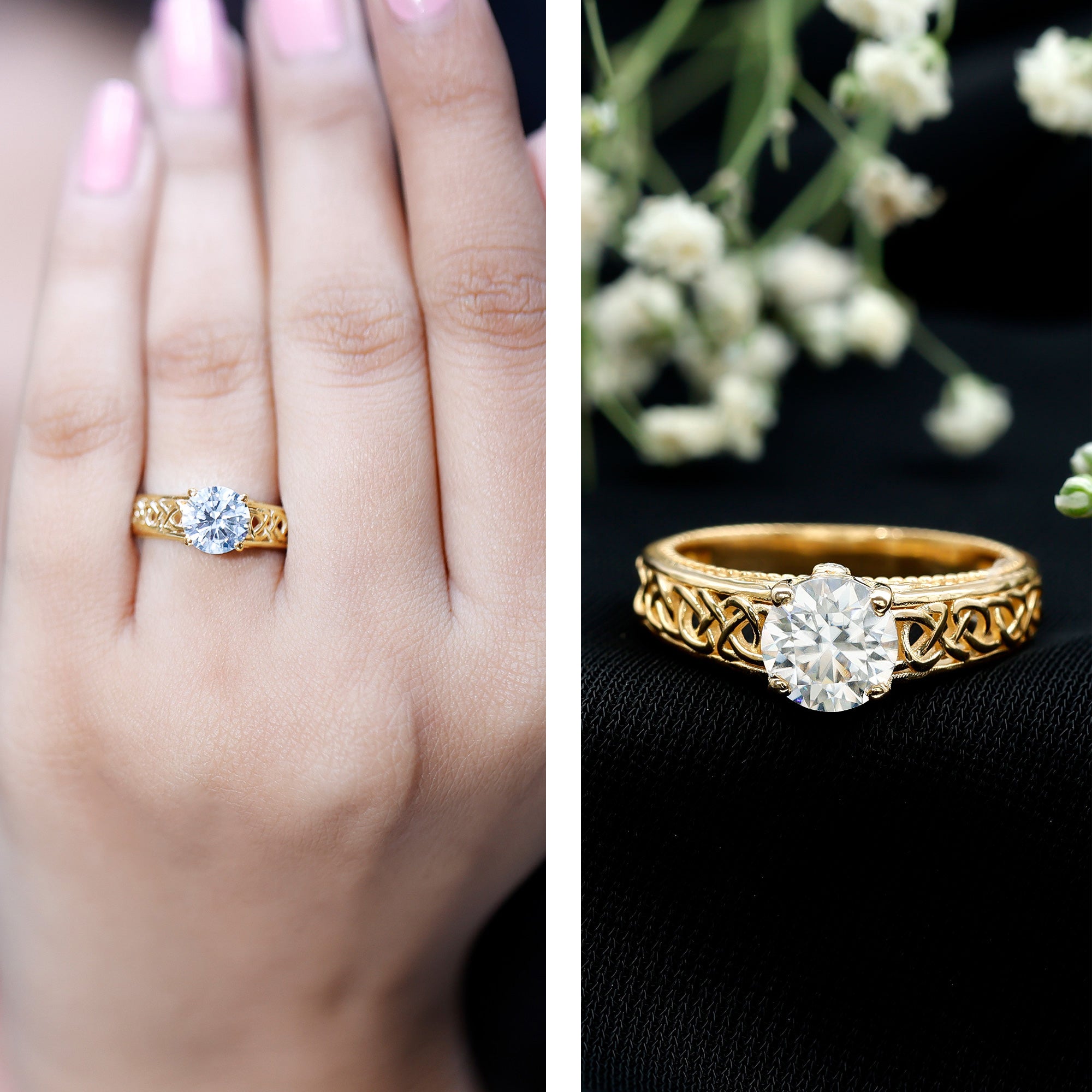 Moissanite Vintage Style Engagement Ring with Celtic Details D-VS1 - Rosec Jewels
