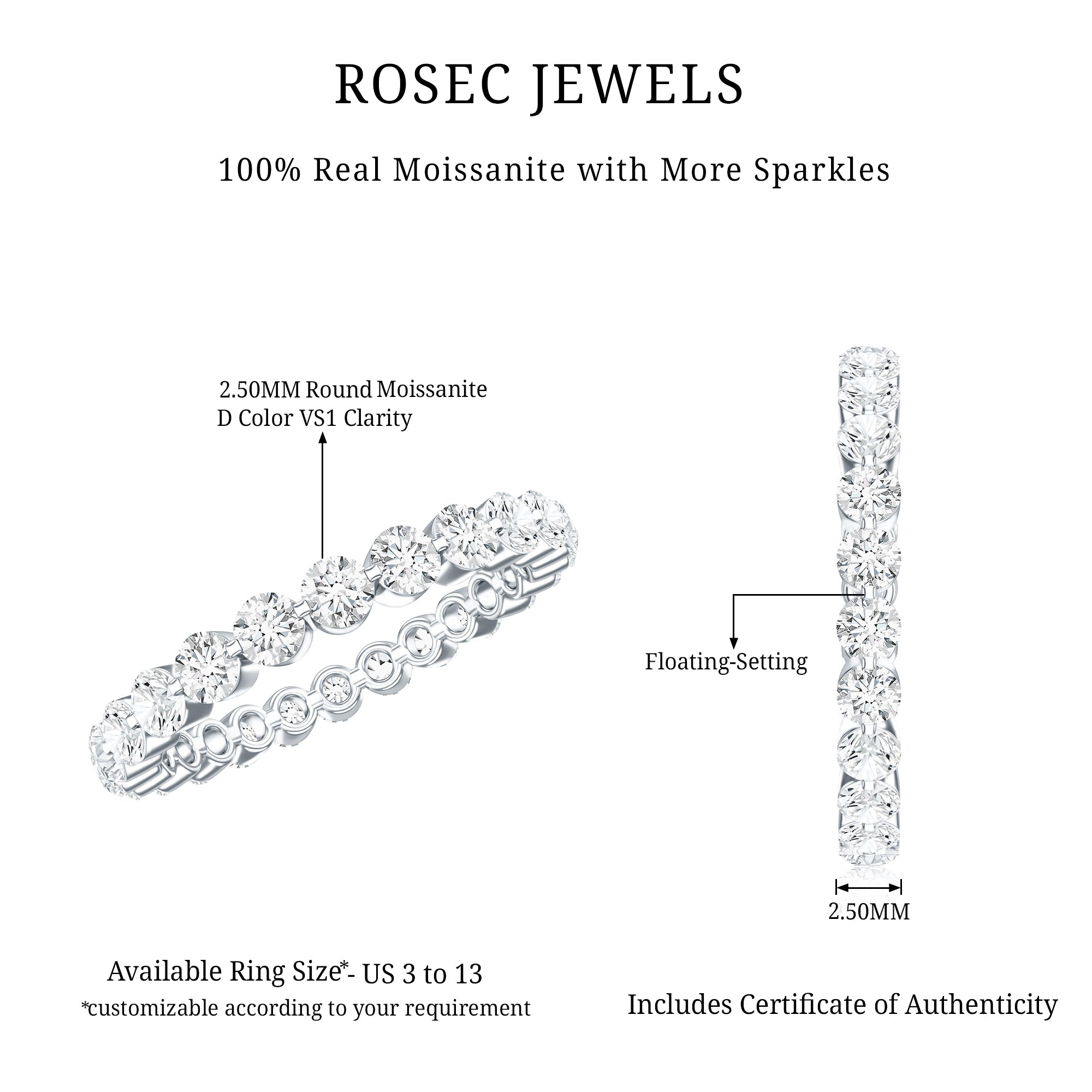 Certified Round Cut Moissanite Eternity Band Ring D-VS1 - Rosec Jewels