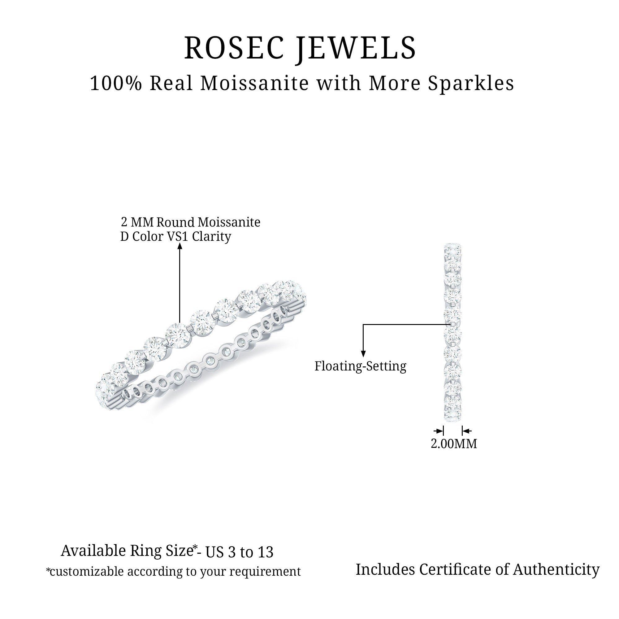 Round Cut Moissanite Full Eternity Band Ring D-VS1 - Rosec Jewels