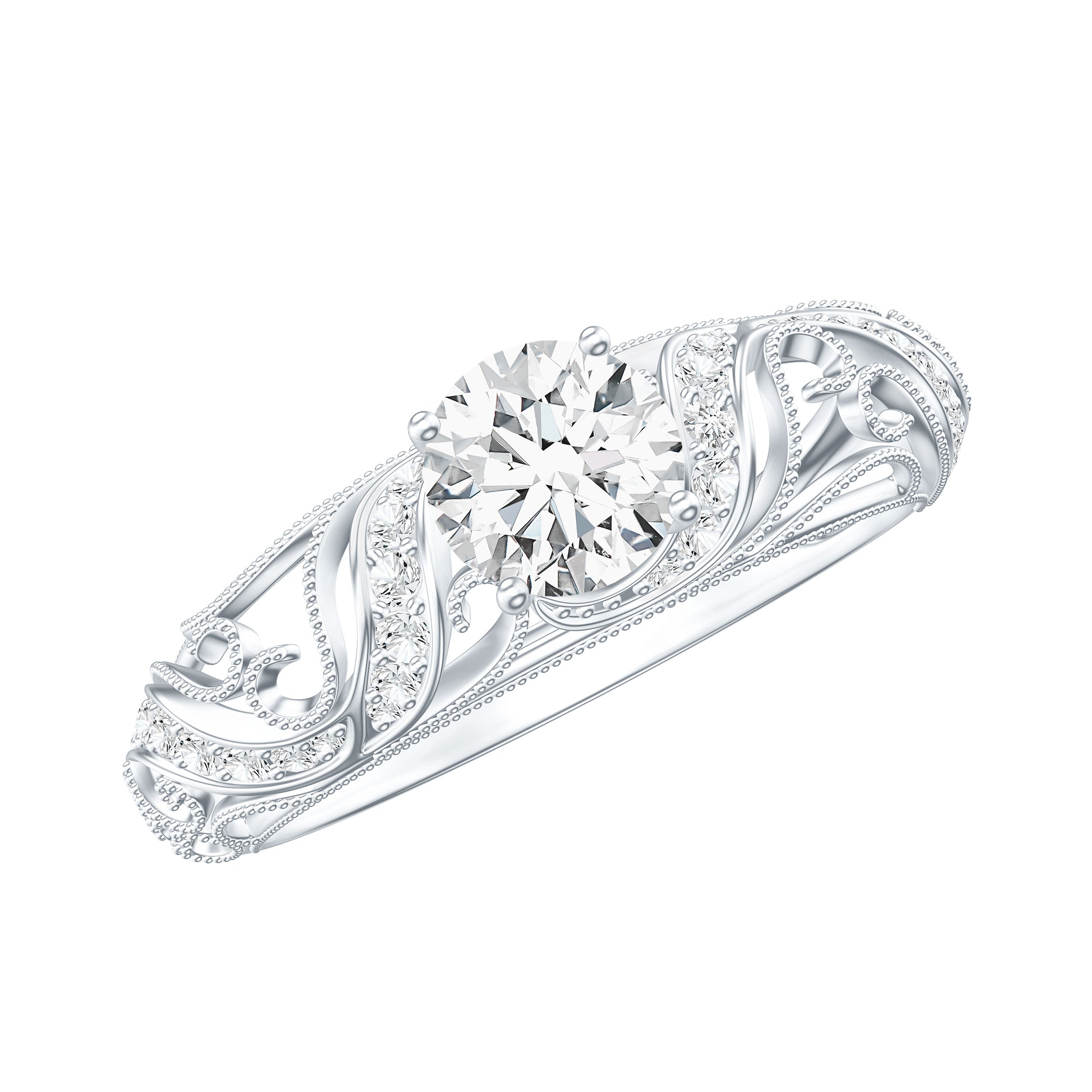 Certified Round Moissanite Antique Looking Engagement Ring
