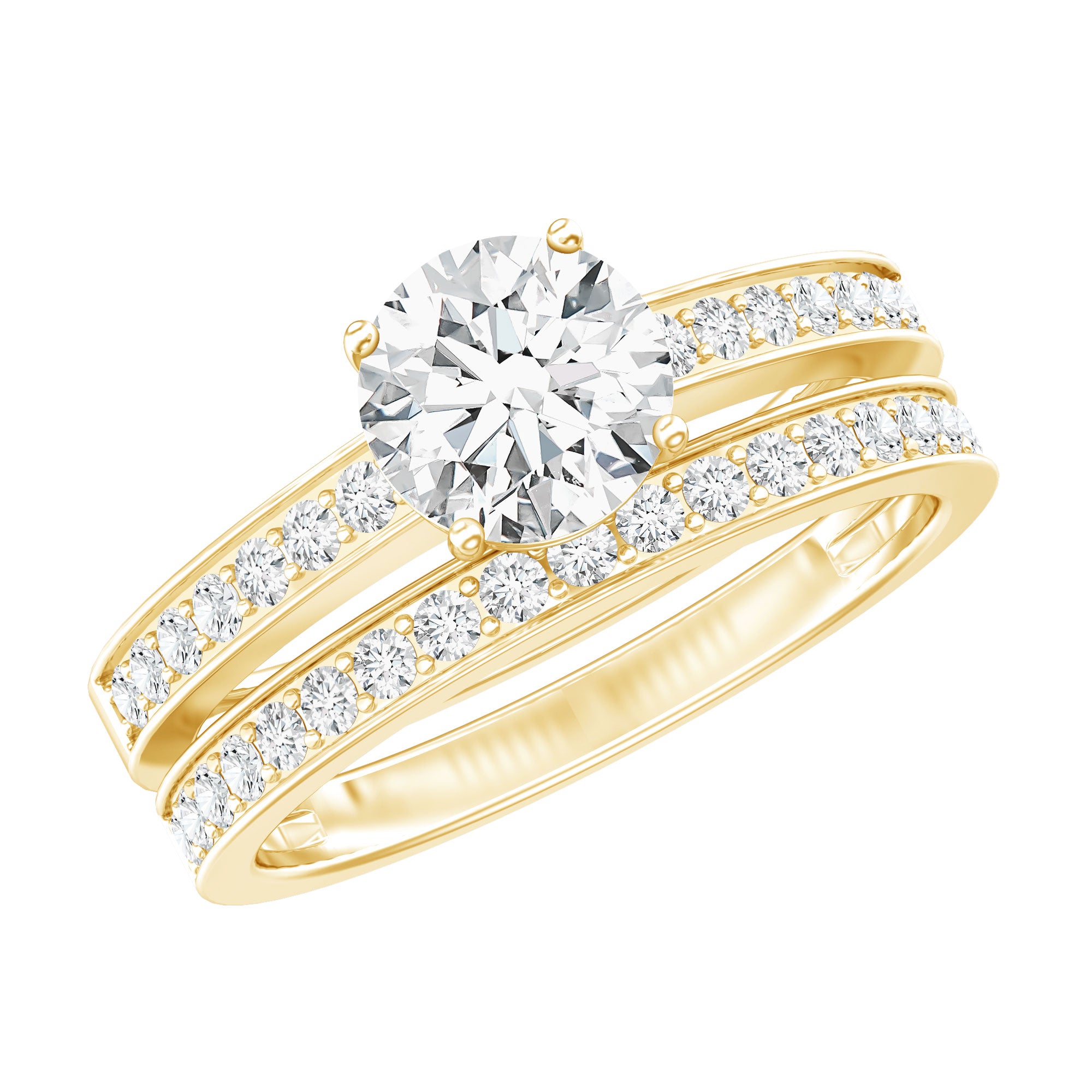 Brilliant Cut Moissanite Round Engagement Ring With Band D-VS1 - Rosec Jewels
