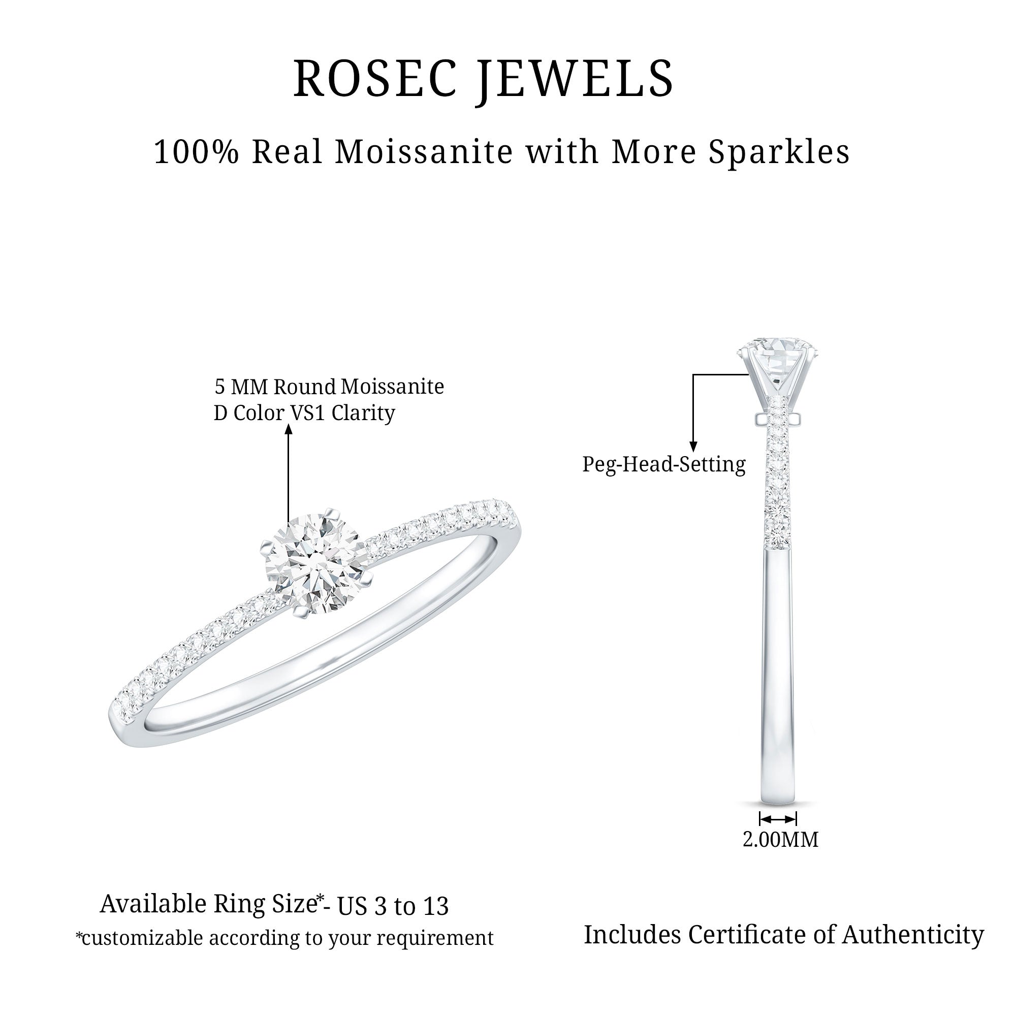 Certified 5 MM Round Moissanite Solitaire Promise Ring D-VS1 - Rosec Jewels