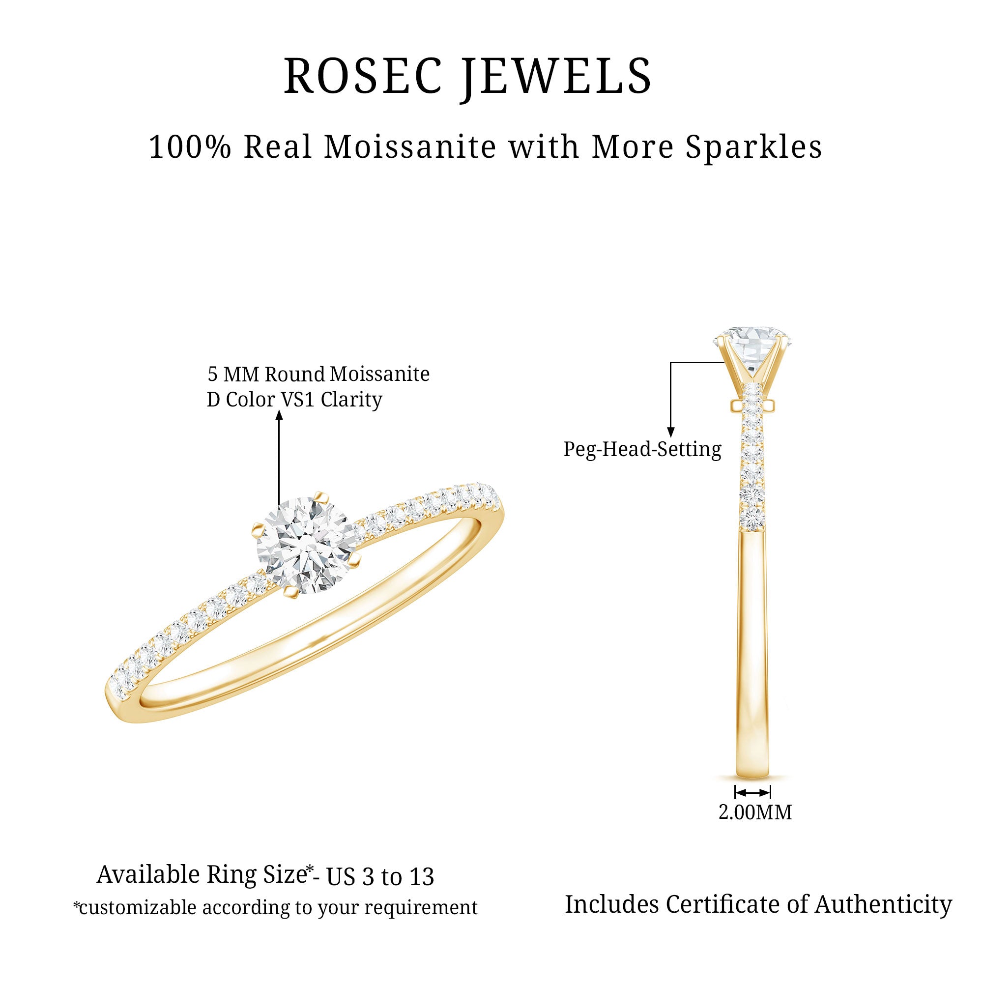 Certified 5 MM Round Moissanite Solitaire Promise Ring D-VS1 - Rosec Jewels