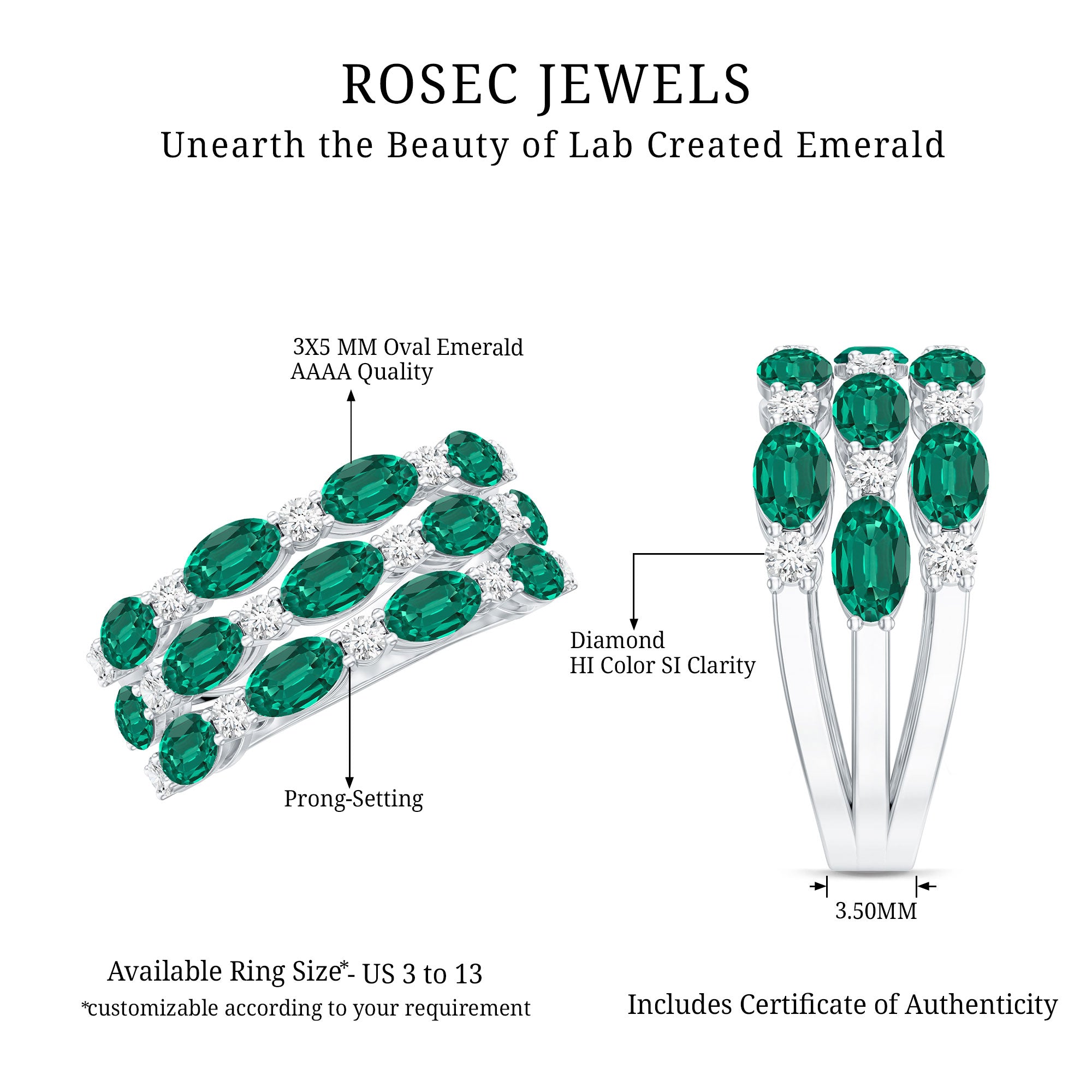 Rosec Jewels-Oval Cut Lab Grown Emerald Statement Wedding Band with Diamond