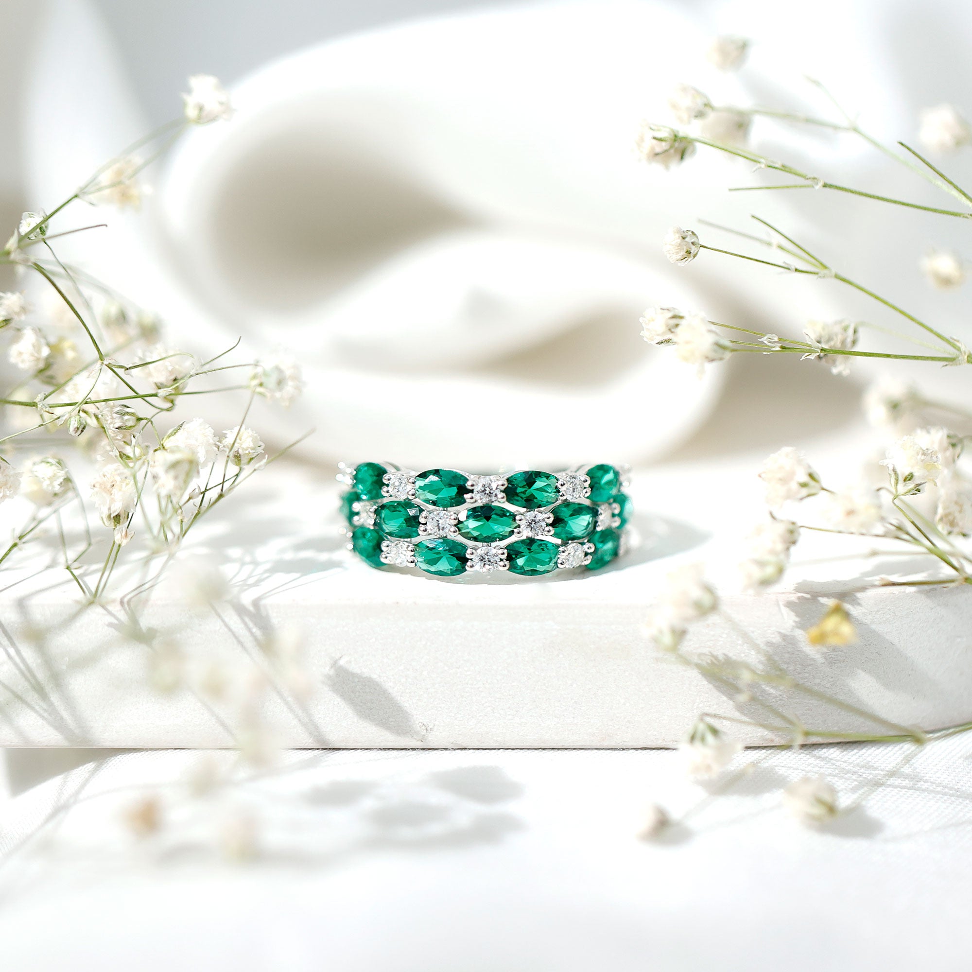 Rosec Jewels-Oval Cut Lab Grown Emerald Statement Wedding Band with Diamond