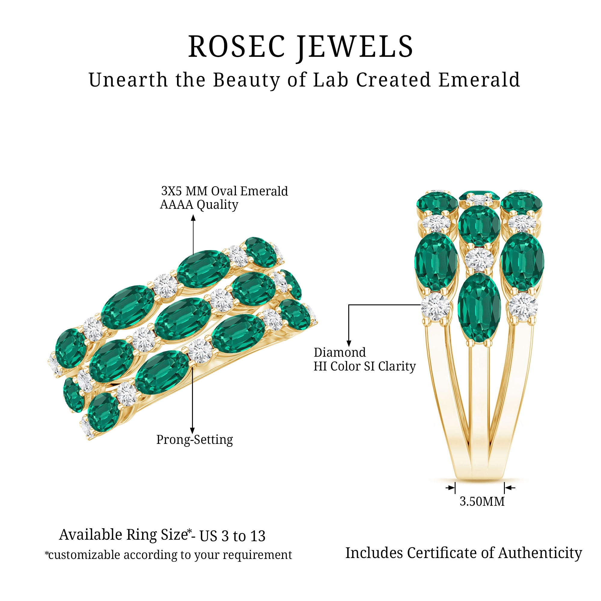 Rosec Jewels-Oval Cut Lab Grown Emerald Statement Wedding Band with Diamond