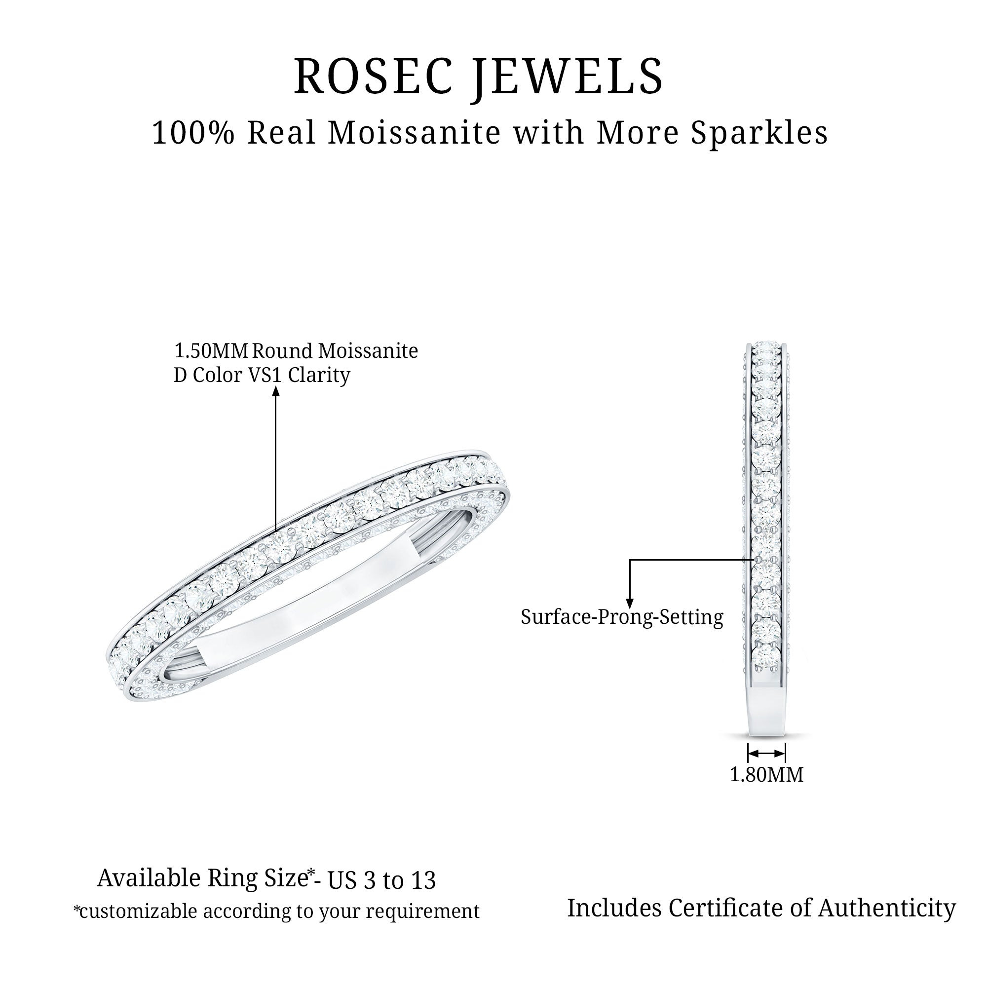 Surface Prong Set Moissanite Half Eternity Ring D-VS1 - Rosec Jewels
