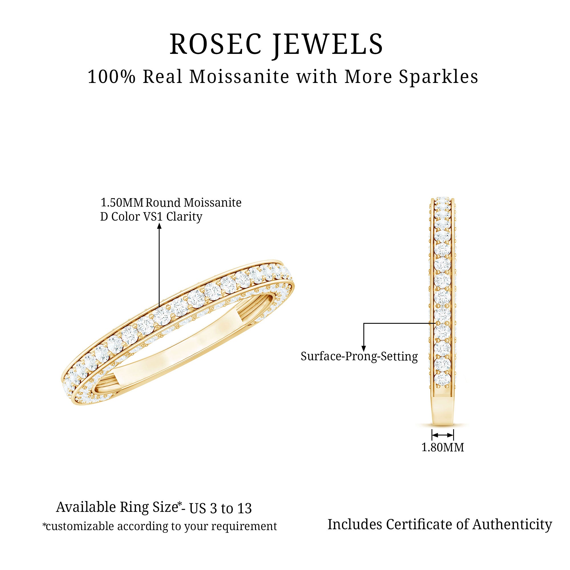 Surface Prong Set Moissanite Half Eternity Ring D-VS1 - Rosec Jewels