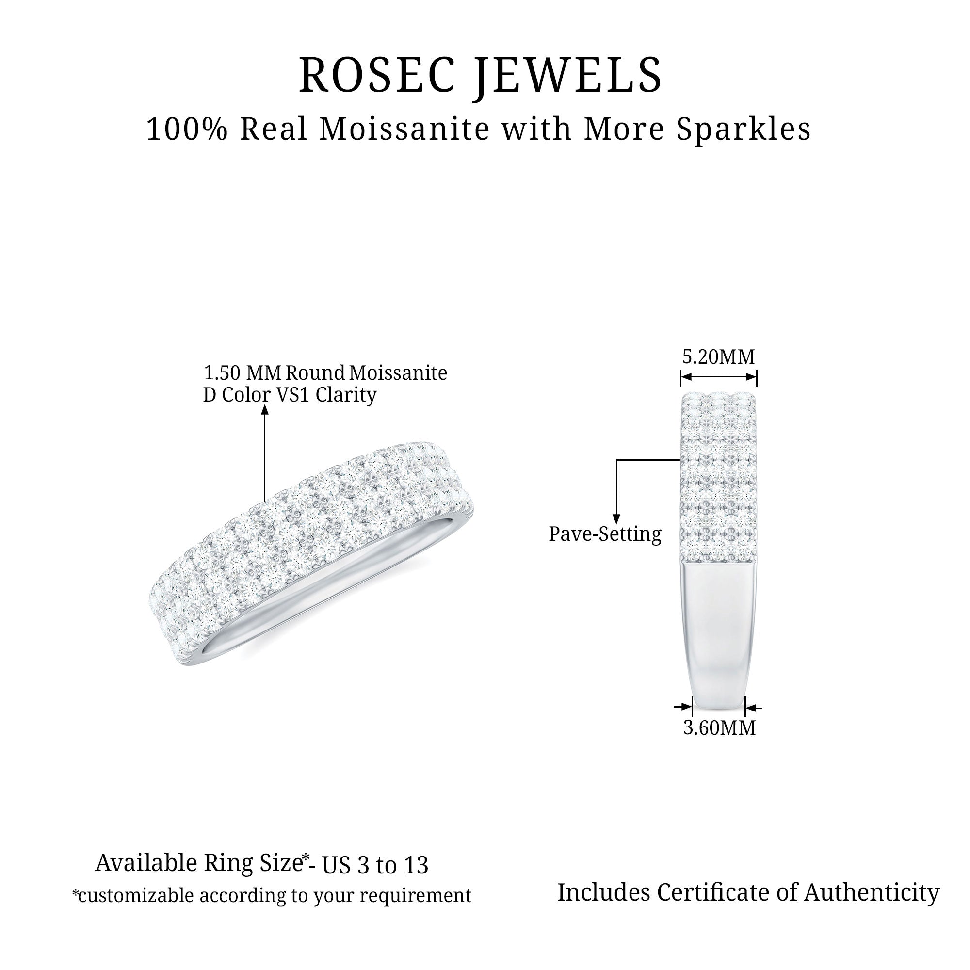 Three Row Moissanite Half Eternity Band Ring D-VS1 - Rosec Jewels