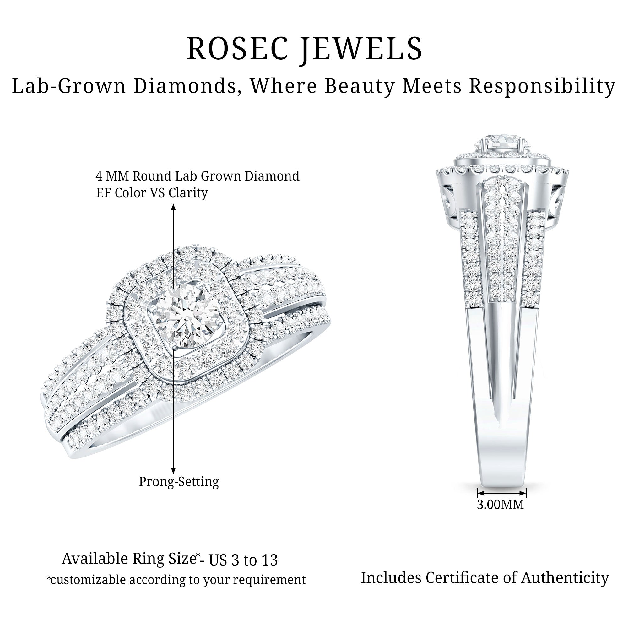 Lab Grown Diamond Retro Engagement Ring with Double Halo Lab - ( EF-VS ) - Rosec Jewels