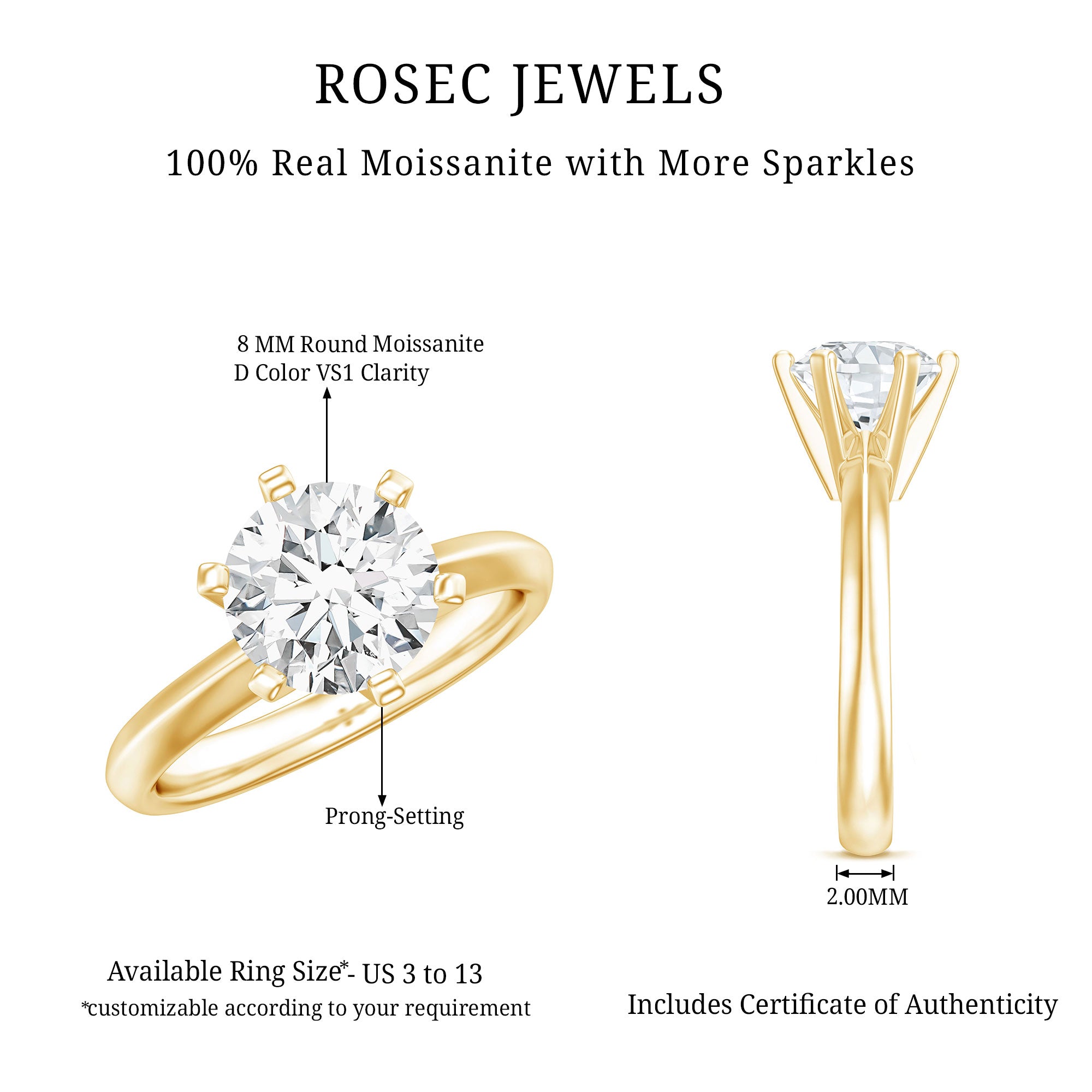 Brilliant Cut Solitaire Moissanite 2 CT Engagement Ring with Certificate D-VS1 - Rosec Jewels