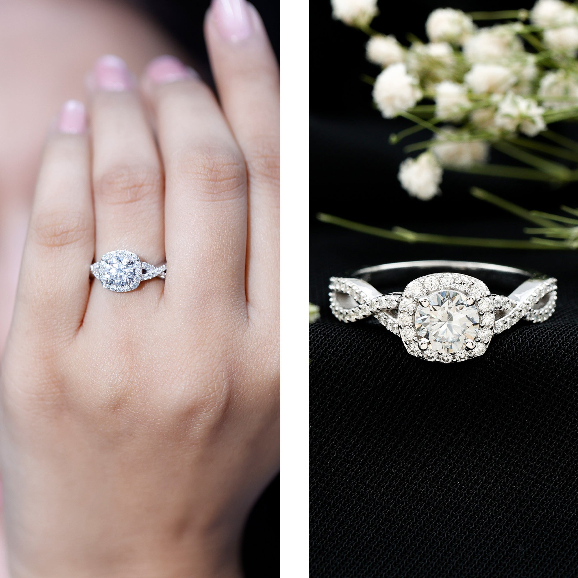 Certified Moissanite Halo Engagement Ring with Criss Cross Shank D-VS1 - Rosec Jewels