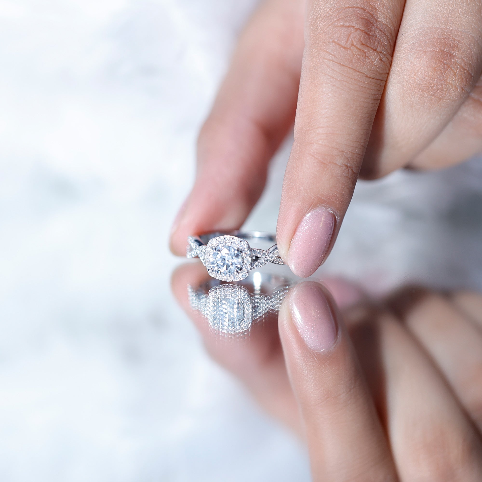 Certified Moissanite Halo Engagement Ring with Criss Cross Shank D-VS1 - Rosec Jewels