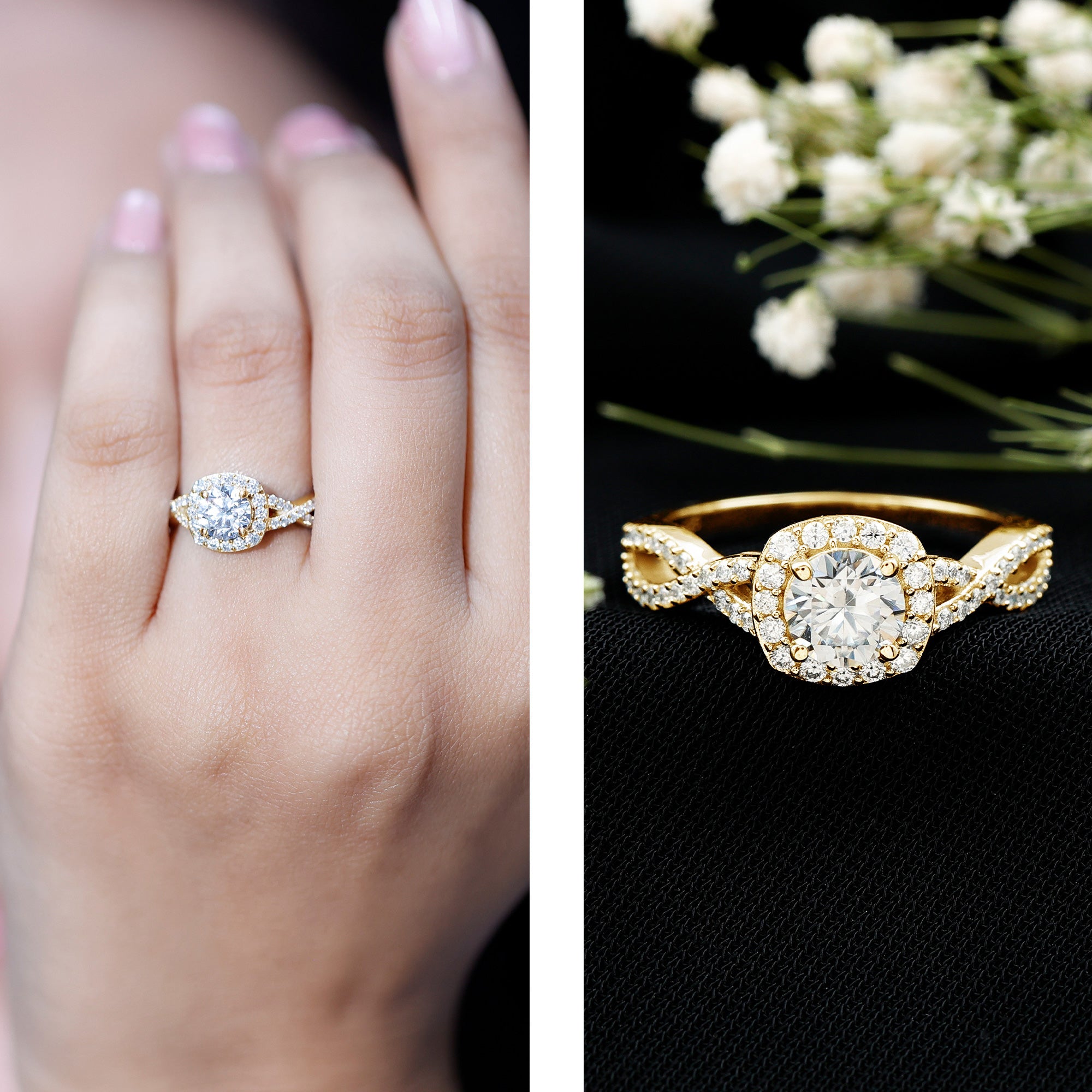 Certified Moissanite Halo Engagement Ring with Criss Cross Shank D-VS1 - Rosec Jewels