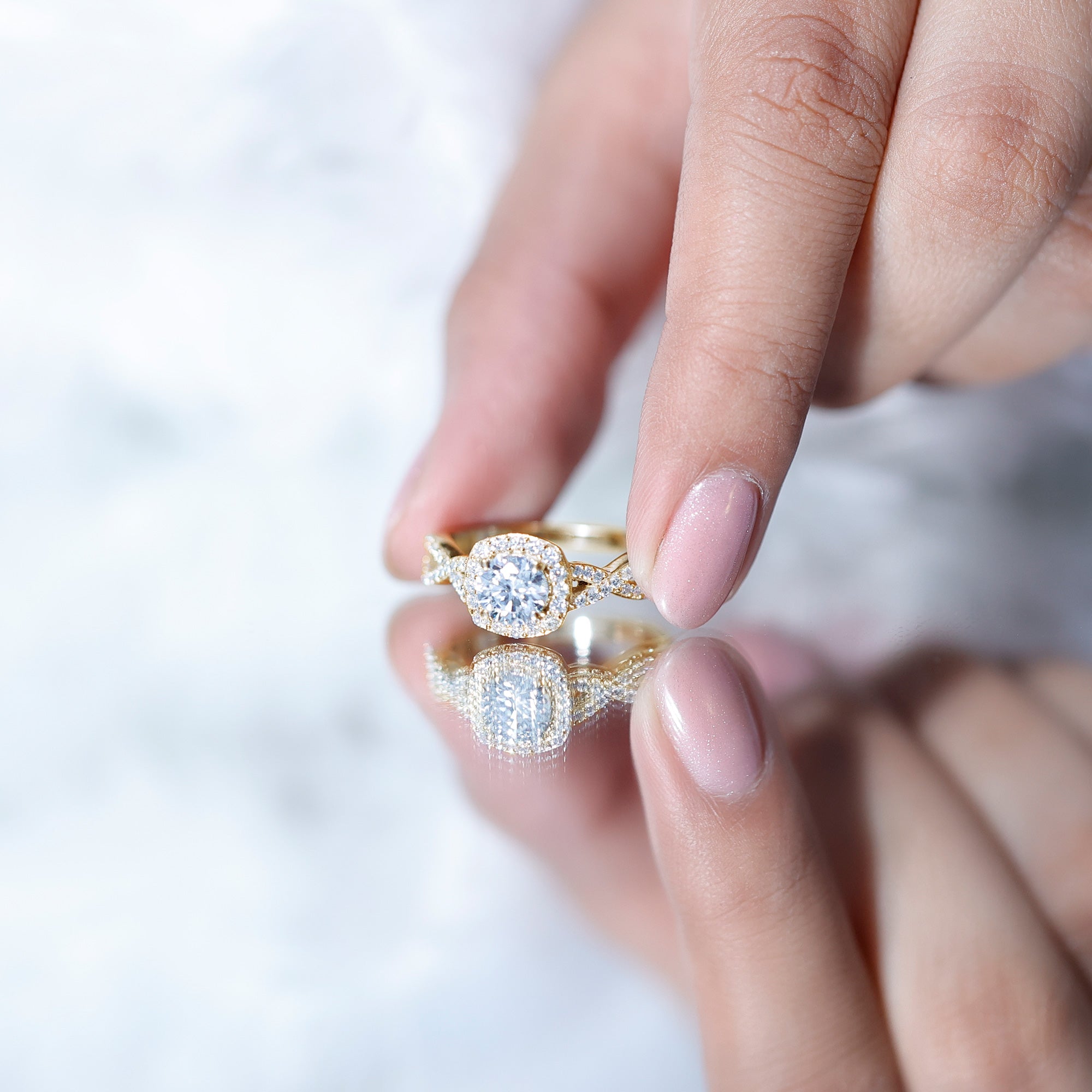 Certified Moissanite Halo Engagement Ring with Criss Cross Shank D-VS1 - Rosec Jewels